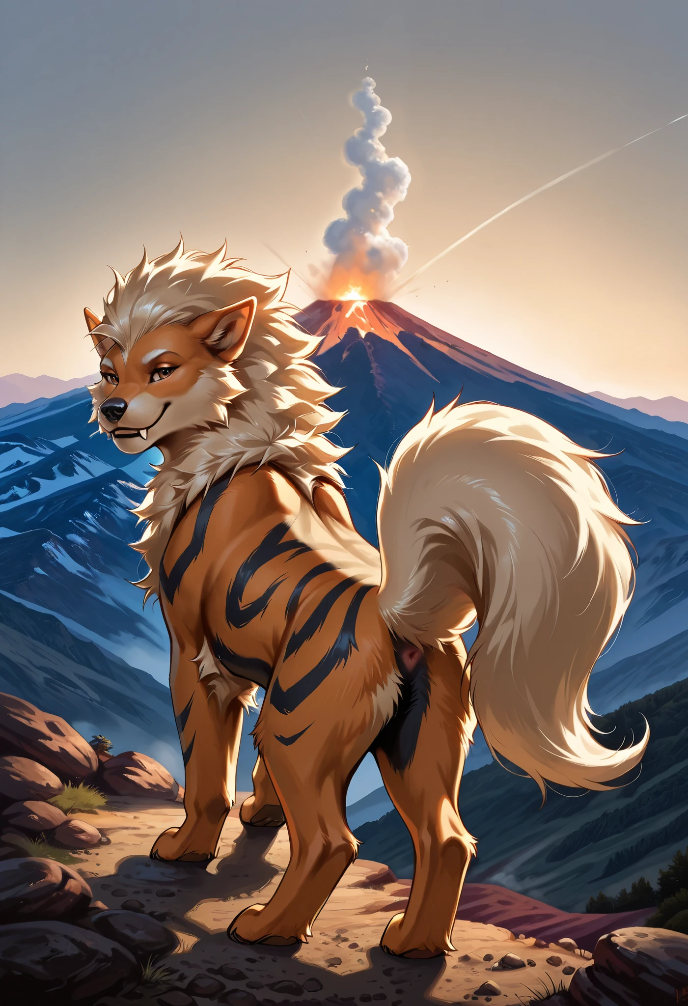 feral, arcanine, Alone, looking at viewer, fur, standing, tail raised, enough, volcano, masterpiece, best quality, photorealistic , hyperrealistic, ultradetailed, detailed background, photo background, digital drawing (artwork), [[by kenket| by dead meat8 ], by thebigslick:by silverfox5213:0.8], [by syuro, by paloma-paloma::0.2],((back view)), detailed background