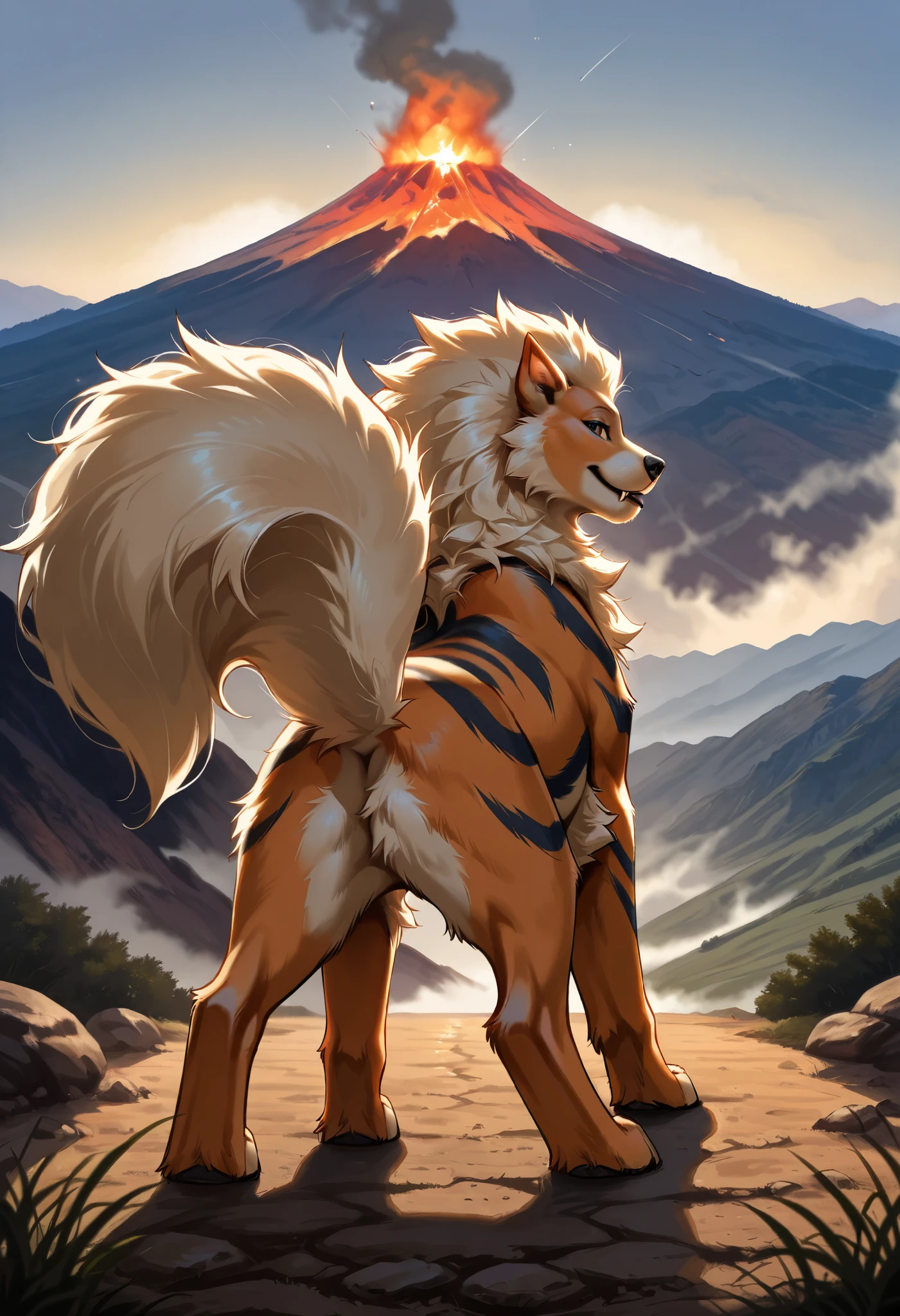 feral, arcanine, Alone, looking at viewer, fur, standing, tail raised, enough, volcano, masterpiece, best quality, photorealistic , hyperrealistic, ultradetailed, detailed background, photo background, digital drawing (artwork), [[by kenket| by dead meat8 ], by thebigslick:by silverfox5213:0.8], [by syuro, by paloma-paloma::0.2],((back view)), detailed background