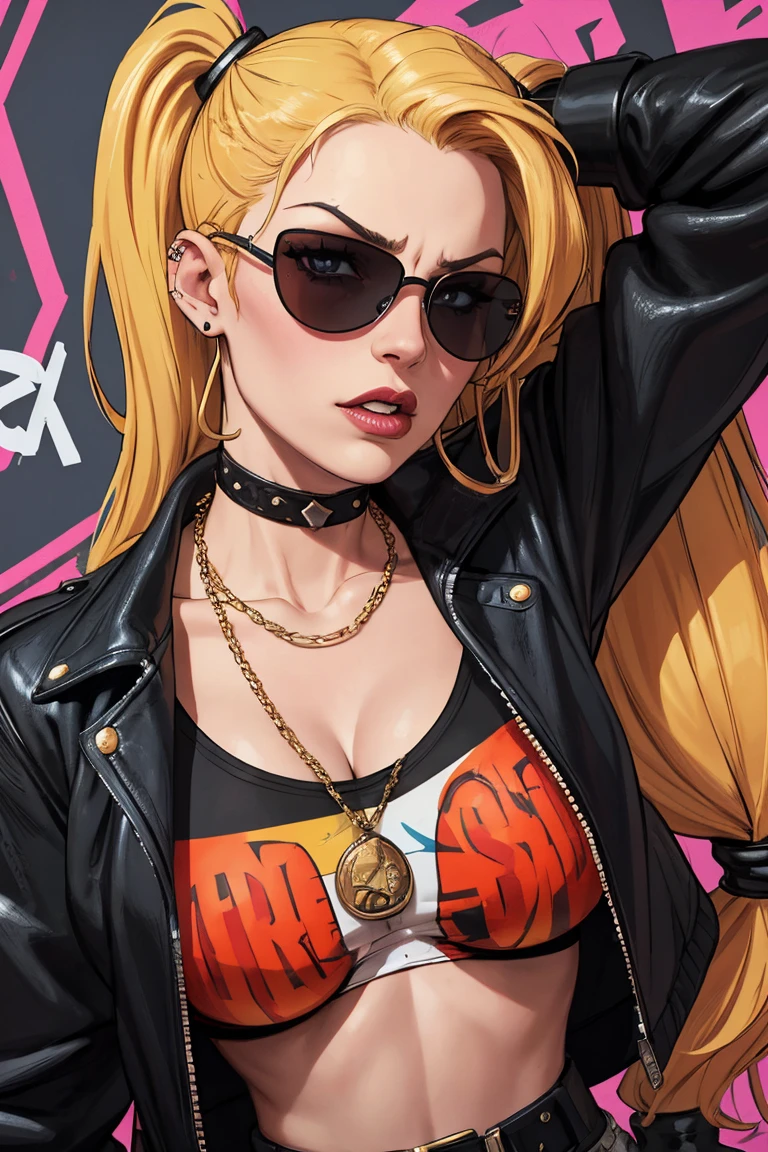 4K, Masterpiece, highres, absurdres,PachaMeme,closed eyes,,
blonde Nadia with sunglasses and a choker, leather jacket
 <lora:PachaMeme:1> <lora:Nadia:0.5>