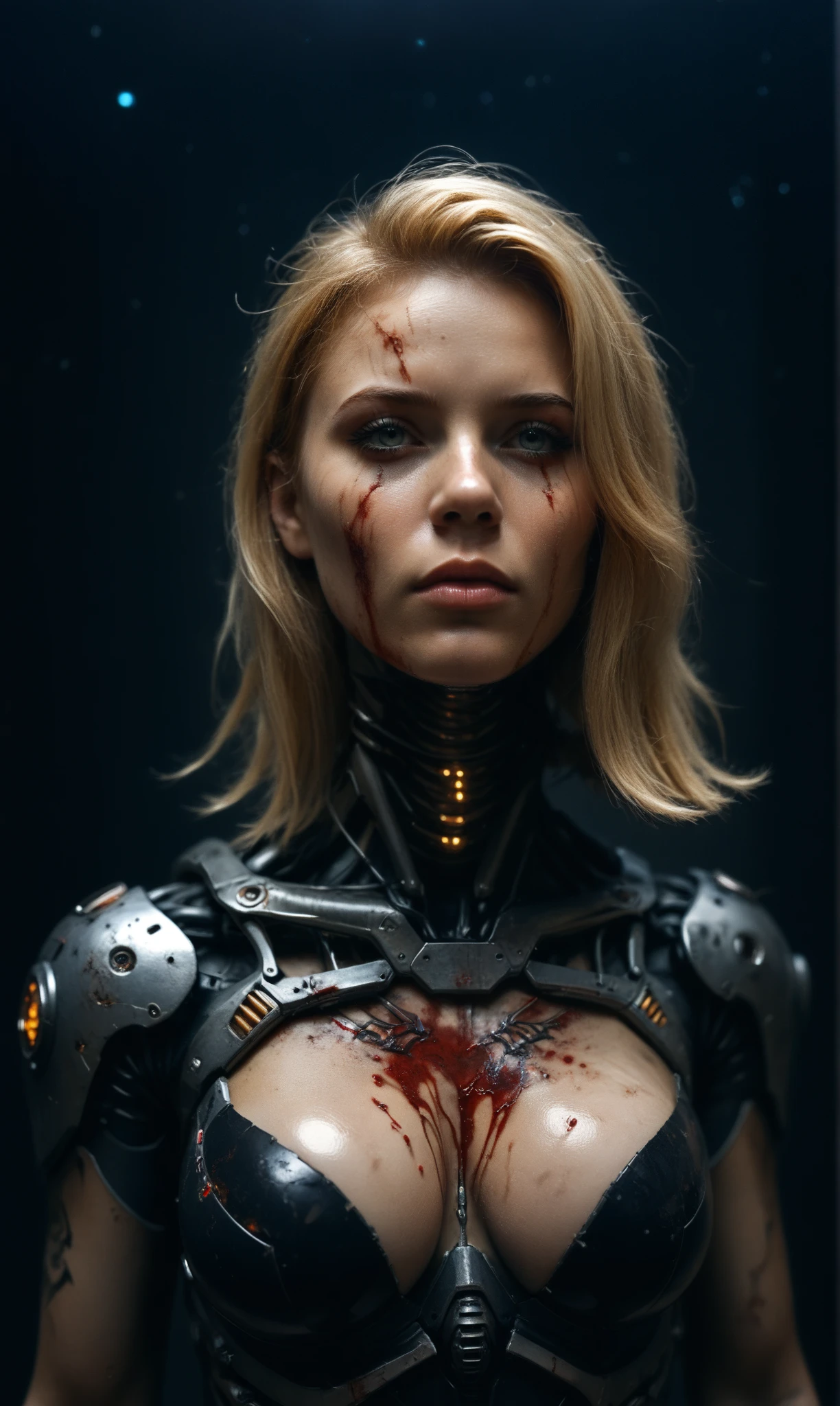 Beautiful Terminator female warrior in robot costume, glowing inside clear plastic armor, helmet, covered in blood stains, wounds, fluffy beautiful hair, perfect natural skin tone, exaggerated, precise. Photographic detail, Angra Kei, modelcore,, soft focus realistic
