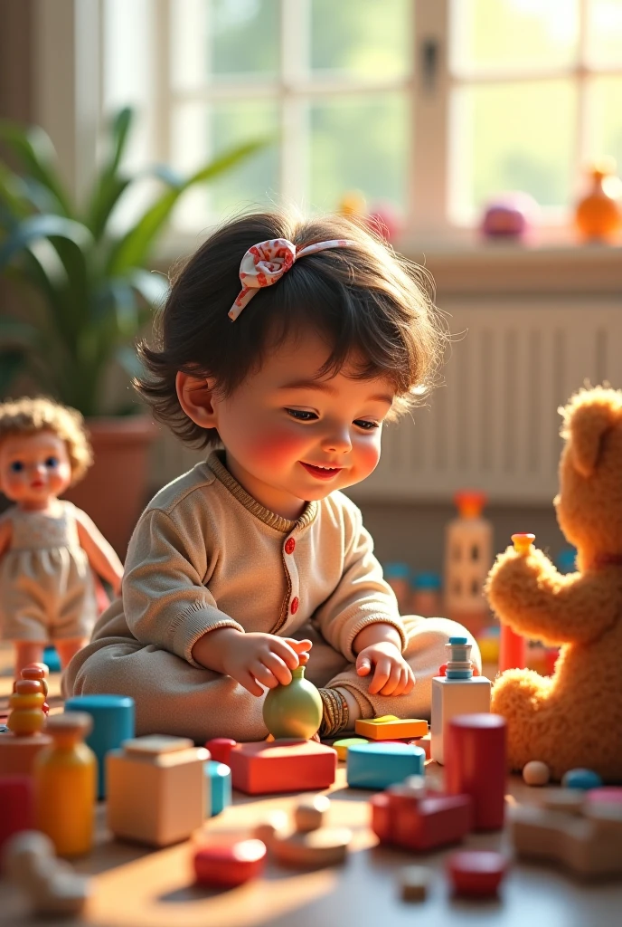 Create a UHD photorealistic image of a 22-month-old girl named Thaïs, no 3D style image, no animation style, no Pixar style animation, the girl is playing with charming toys in a colorful, inviting room. Captured with a 24mm f/2.8 lens to capture her natural charm and the vibrant surroundings. Ensure exactly five fingers, no 3D style image, no animation style, no Pixar style animation.
