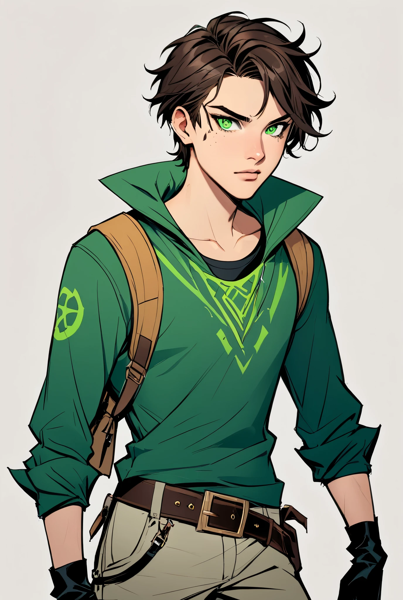Felix is a courageous and cunning young man , He has dark brown hair , a little messy , and intense green eyes that Have your adventurous spirit . Her clothing style is sloppy and shady