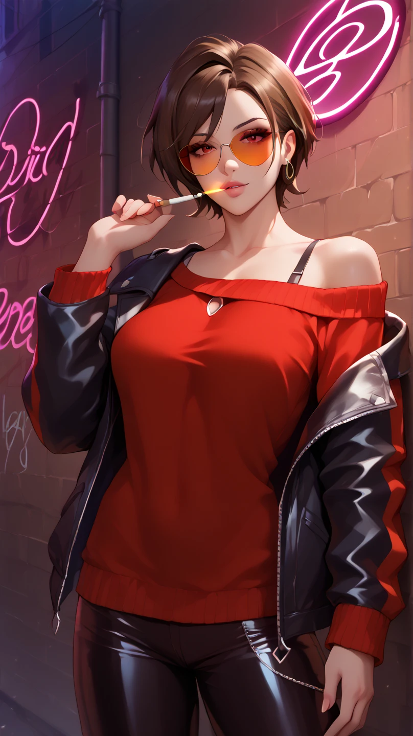 Crimson hair, black highlight in hair, short hair, tomboy, Japanese sleeve tattoo, neat ear piercings, thin tanktop, b cups, no bra, one cigarette in mouth, streetwear, freckle on right boob, night, city background, empty hands, sharp anatomy