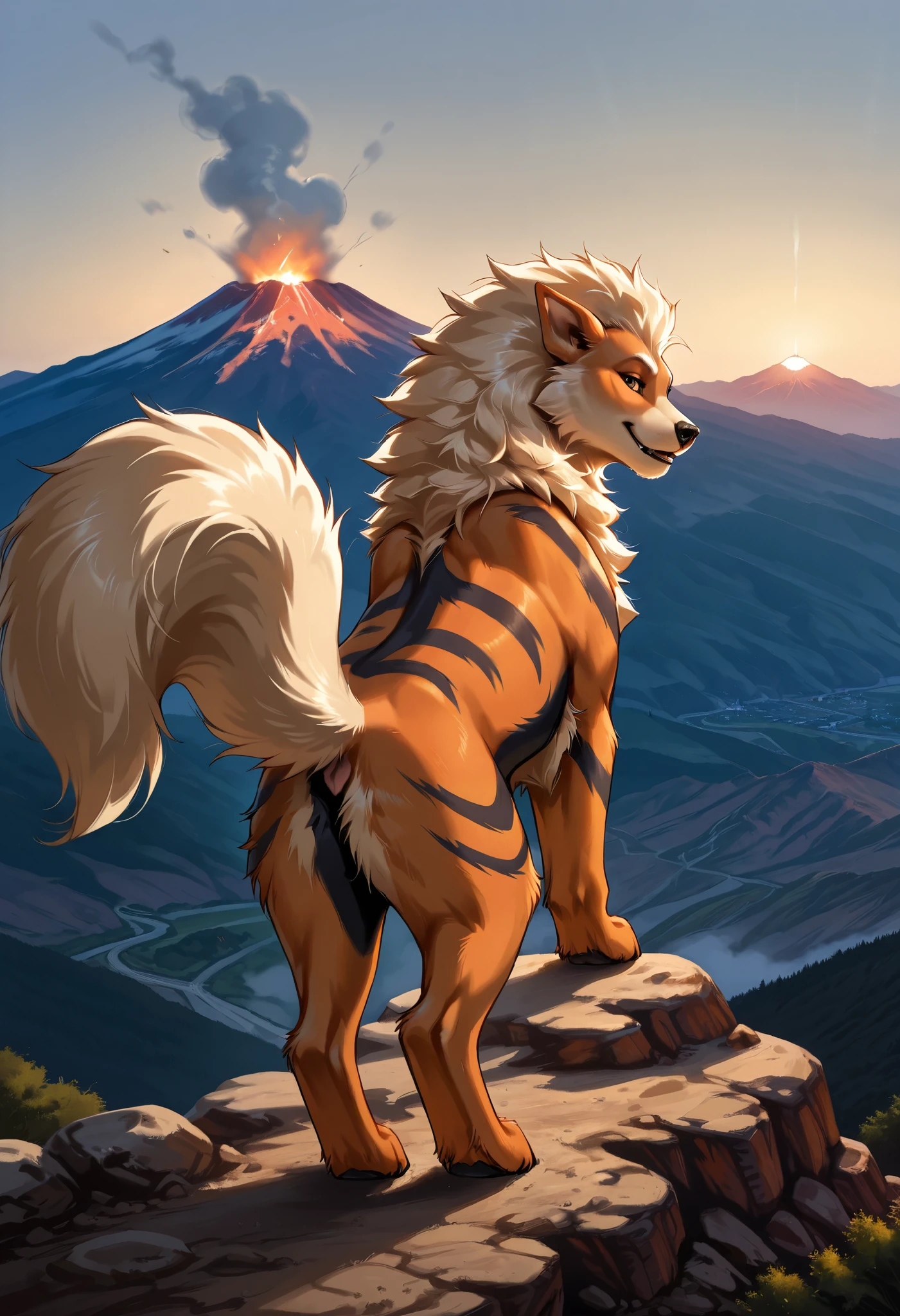 feral, arcanine, Alone, looking at viewer, fur, standing, tail raised, enough, volcano, masterpiece, best quality, photorealistic , hyperrealistic, ultradetailed, detailed background, photo background, digital drawing (artwork), [[by kenket| by dead meat8 ], by thebigslick:by silverfox5213:0.8], [by syuro, by paloma-paloma::0.2],((back view)), detailed background