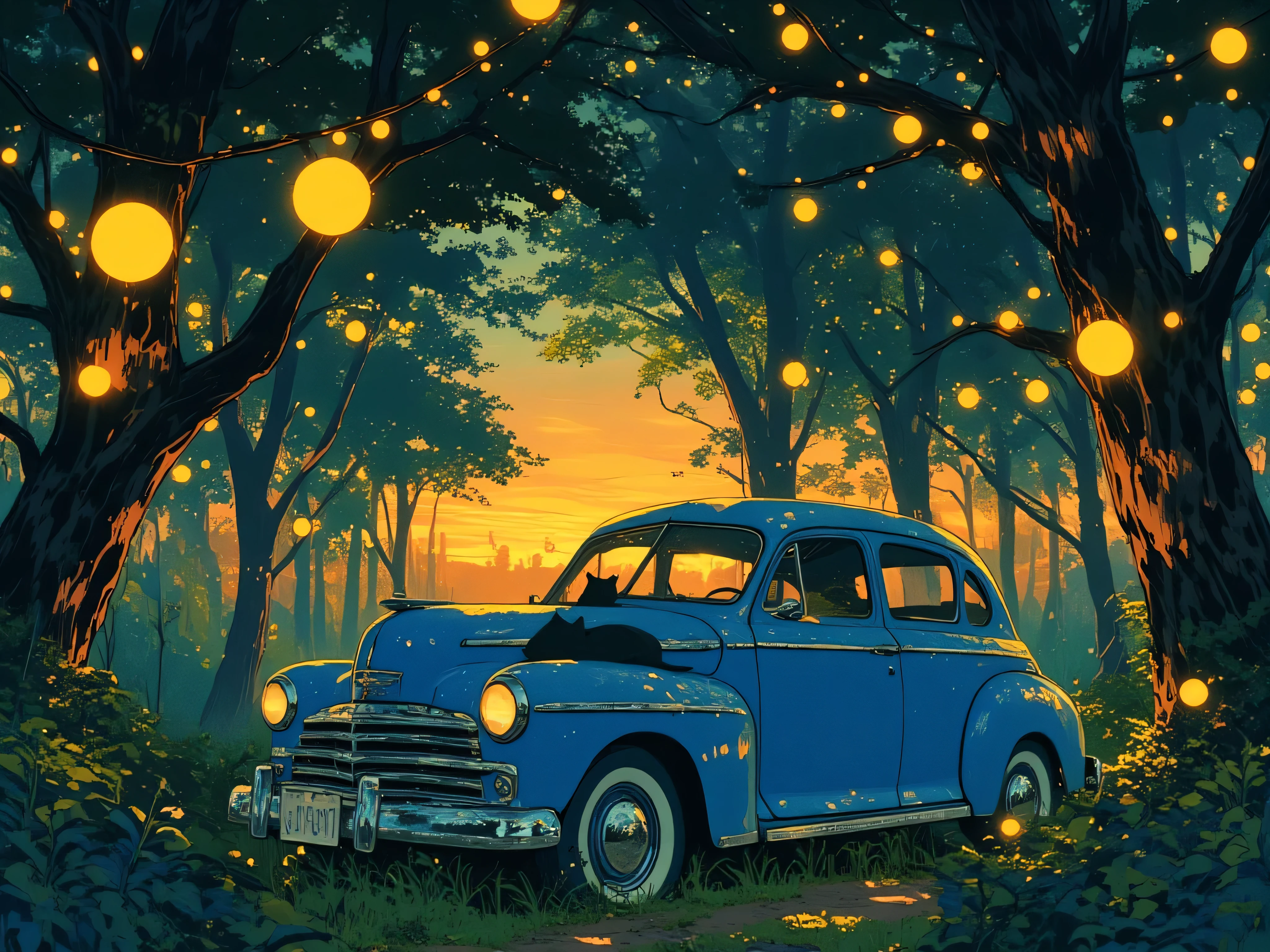 in the middle of a forest with many yellow lights and lots of greenery, a blue 1948 Plymouth Special Deluxe car, but with faded paint, a black cat lying on the seat, looking at the sky through the car window, inspired by chibi and studio ghibli drawings, high definition 8K, vintage sunset