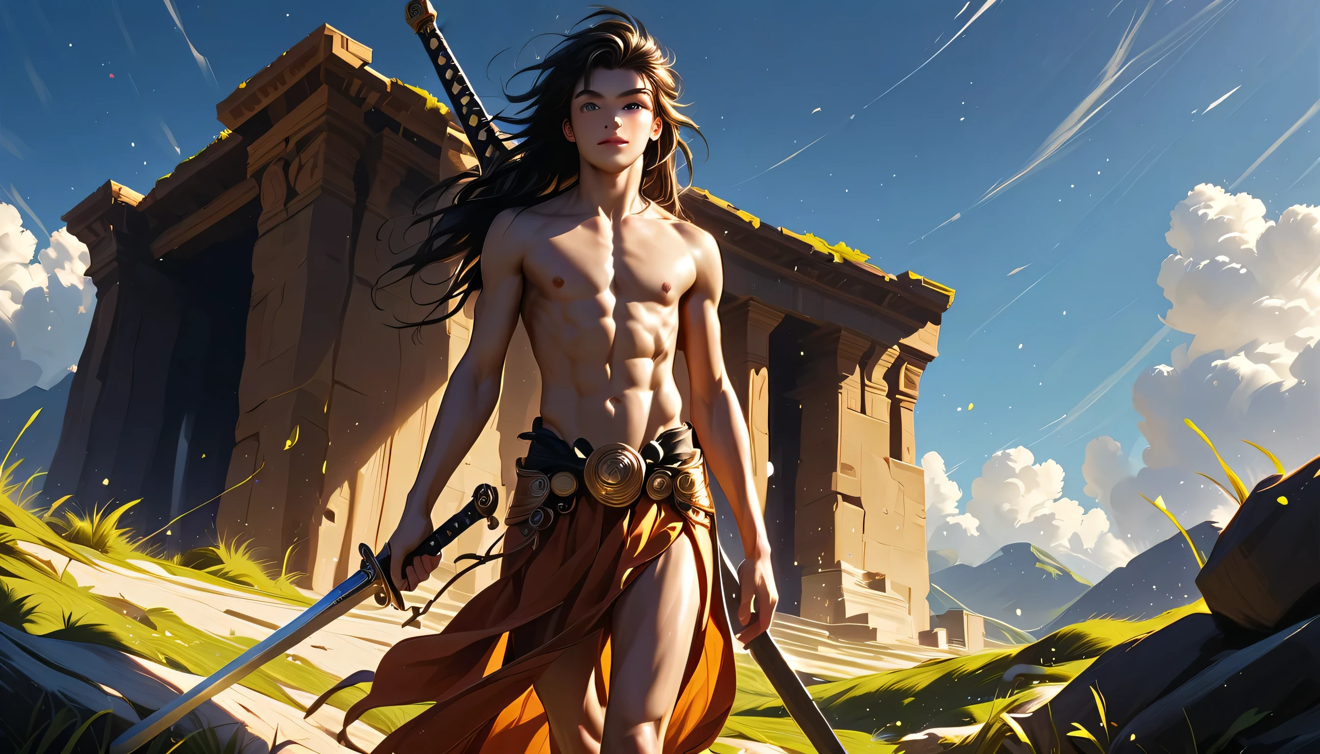 high quality, (stunning fantastic skinny boy ), (detailed eyes), (stunning long style hair), (skinny abs), naked, (light shiny skin), looking with sweet expression, the boy is completely naked showing ornaments on his chest, full body picture showing his body wearing mythological clothes and underwear, he is holding a sword, ancient greek mythological landscape and fantastic creatures
