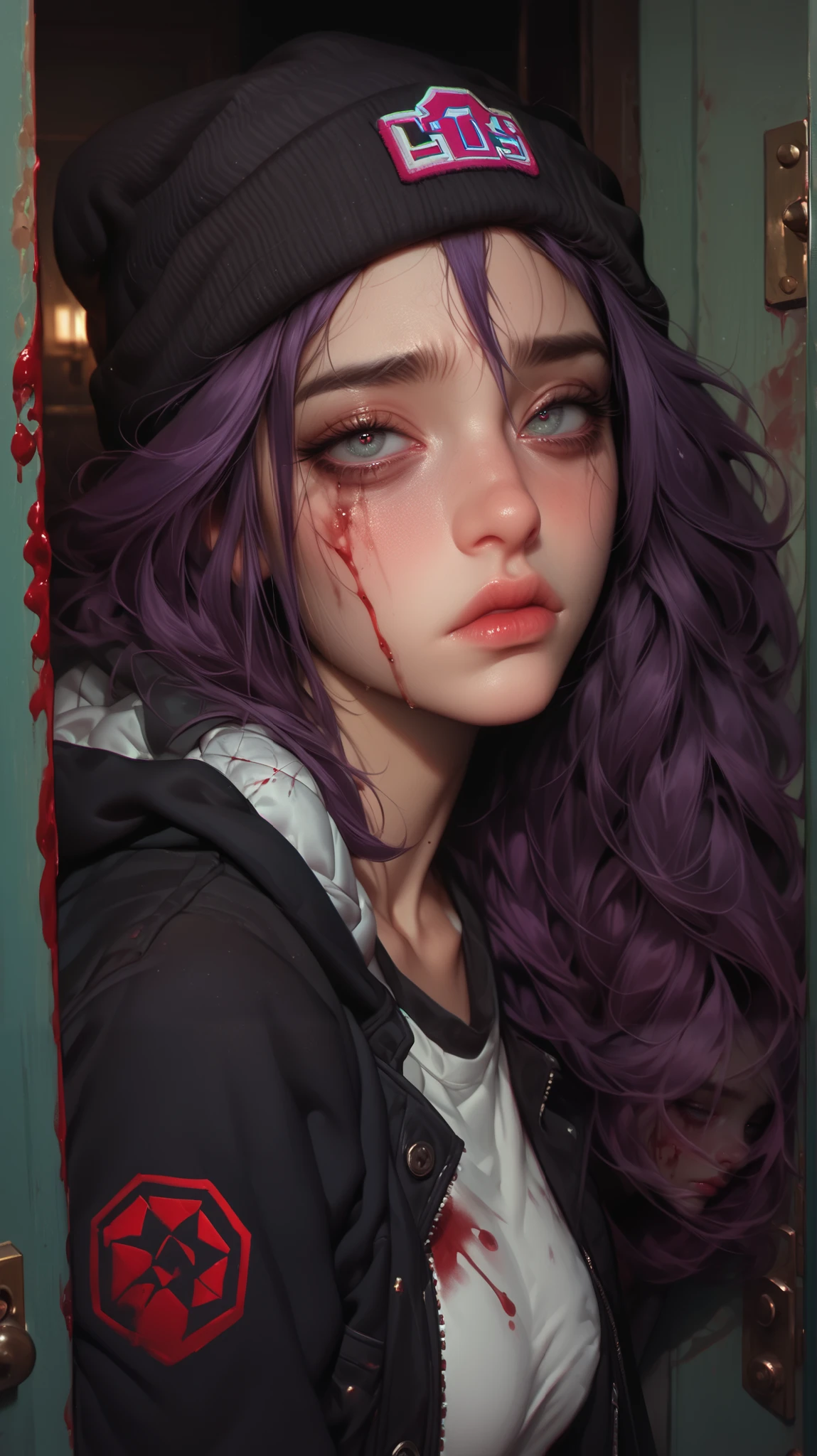 This is a highly detailed, digital illustration of depressed young lady with blood stained on her cheek, at the door,.sad,desperate and sorrow eye. beanie, jacket