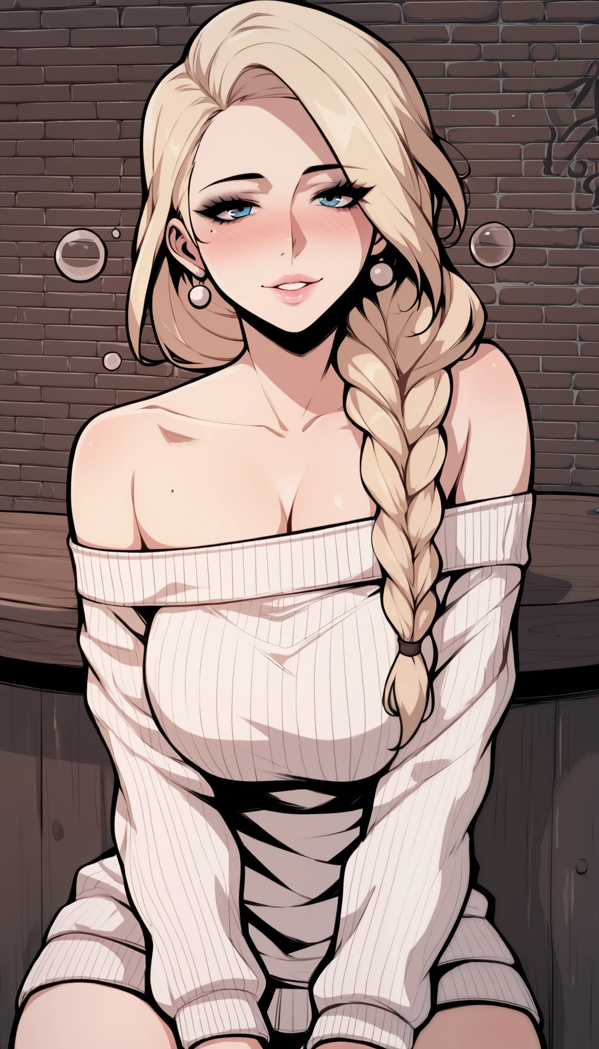 score_9, score_8_up, score_7_up, score_6_up, score_5_up, score_4_up, BREAK 1girl, intricate, making a cute pout in love, slightly drunk, white wool sweater, off the shoulders, seductive neckline, Yakuza outfit, (eyeliner:1.2), looking at viewer, blonde hair, long braid, blue eyes, long hair, pink lips , pale skin, jewelry, detailed background, big breasts (masterpiece, high quality:1), bar, counter, alley, bar exit, gloomy lighting, voluptuous body, mature woman