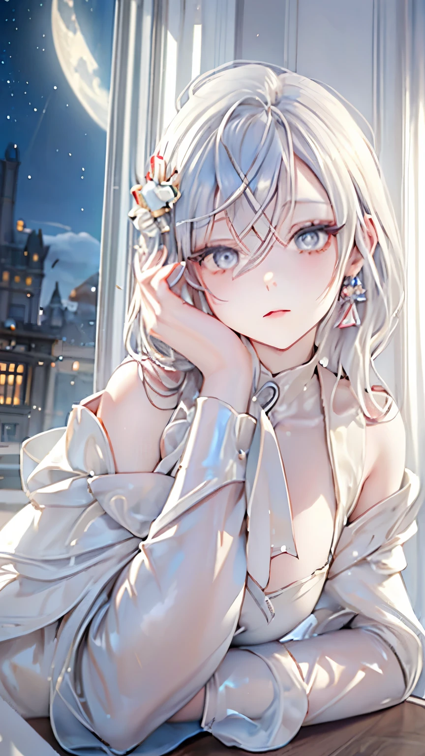 masterpiece, coffee, cafe owner,white hair girl,pale diamond eyes, starry eyes, pale eyes, myth, fantasy, magic, mana, in tower, beautyful , cafe background, masterpiece ,nice post, boss, queen personality, trend fashion