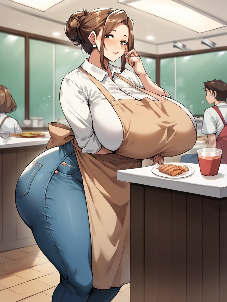 ((high res)), (Masterpiece), perfect anatomy, perfect shading, field of depth, (best quality), extremely delicate and beautiful, perfect lighting, detailed face, ultra cute face, cute, (cowboy shot 1.2), looking back at viewer, full body, ((1girl)), ((solo)),
has short hair, fluffy hair, brown hair, green eyes, ((blush)), embarrassed, surprised, (white tank top 1.2), (jeans 1.2), extremely tight clothes, medium breasts, cleavage, perky breasts, (((wide hips))), ((thick thighs)), (big ass), (chubby), chubby belly, fat rolls, belly hang,
Fast food restaurant, intricate background, detailed background,