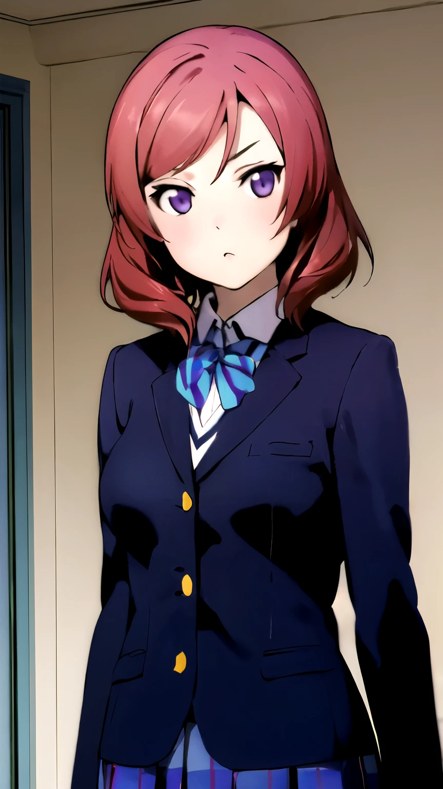 ((masterpiece,best quality)), {DATE_artstyle_LoRA : Manga_Style} {horror_edit : creepy_room_aura} {partially_monochrome} { (maki nishikino, short hair, (purple eyes:1.1), red hair,, perfectly_shape_breast : perfectly_slender_body } { skirt, school uniform, jacket, blazer, winter uniform, otonokizaka school uniform,,} {standing_still} { no_emotion : hypnotic_eyes : hypnotized_eyes } { sweating } { } : dark : creepy otaku room : messy }