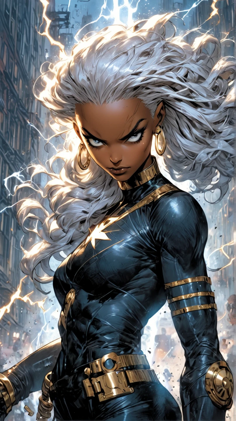 Steampunk interpretation of Storm (Ororo Munroe) in his classic X-Men uniform . She wears a classy black outfit, reimagined with gold details and adornments in the form of lightning stylized in bronze . steam Its fluid cover is attached to the shoulders with gears decorative and connected to metal bracelets that sparkle slightly with energy. A golden tiara with small crystals symbolizes her connection with the elements , while high leather boots with brass details complete the look . Her flowing white hair contrasts with the surrounding smoke and steam , as rays illuminate the sky in a steampunk industrial city setting with towers and machines powered by .