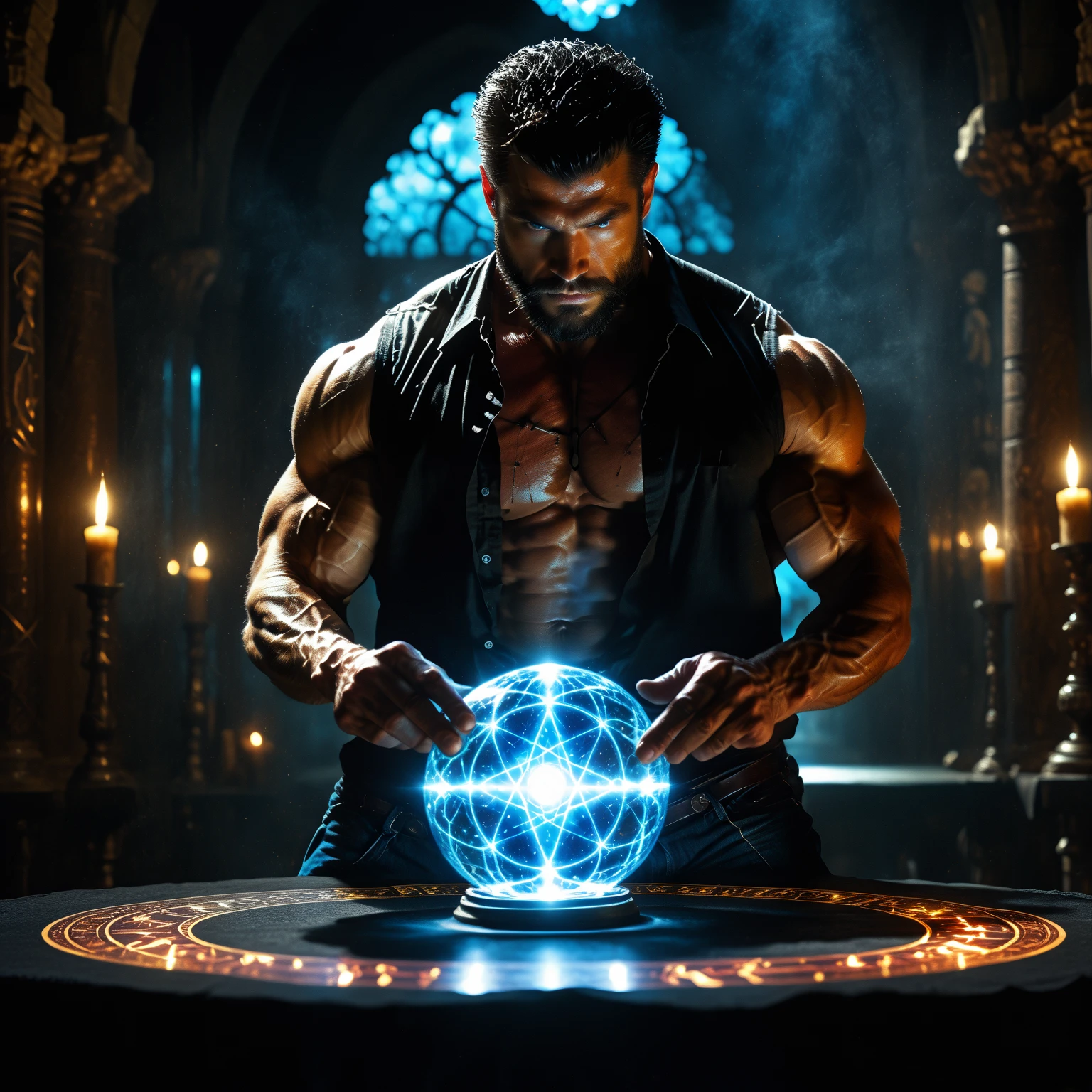 A man wearing a purple crystal pendant、Bodybuilder、Emitting an eerie light、Charmed、40 years old