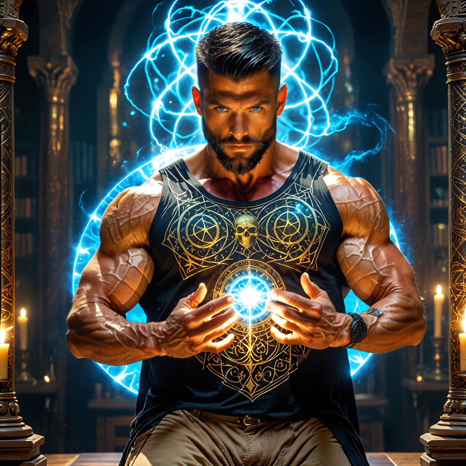 Mystic runes are tattooed on his skin and glow with inner light. Thick Gold Cross on a necklace. An arcane mage swirls purple, glowing, arcane energy around himself. He is an absolute muscle monster, with impossibly broad, well toned shoulders and a V shaped body with narrow waist. His shoulders are three times wider than his waist. Bare-chested, he is hairy chested, balding, with stubble. 