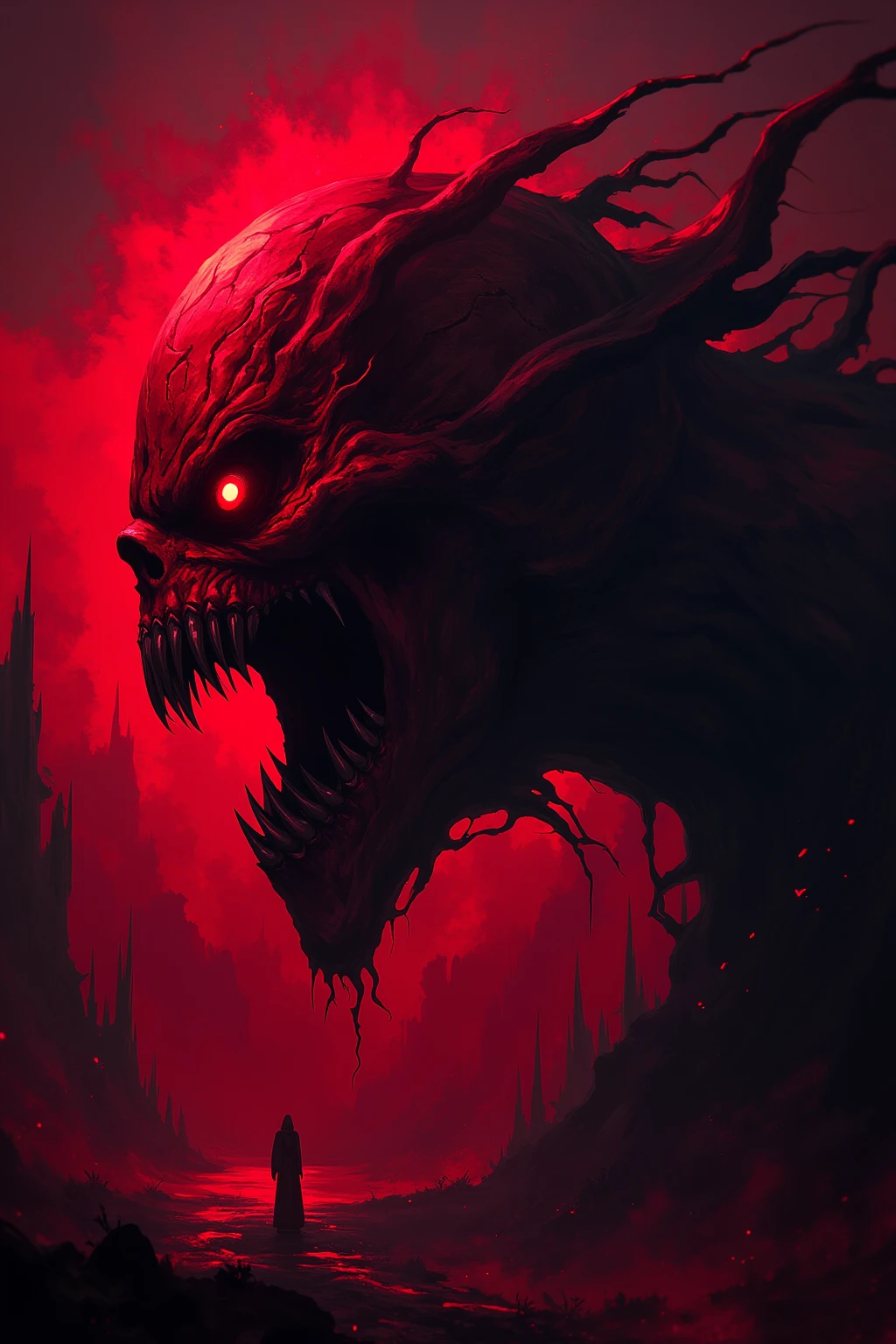 Painting of a demonic creature with a bloodied face and a bloodied head, Carnage, Sci - The Art of Horror Fiction, sci-fi horror artwork, inspired by Aleksi Briclot, The fangs of the carnage, Horror art in the fantasy genre, by Aleksi Briclot, horror concept art, venom, Fantasy and horror art, Detailed illustration of 4K horror, Demonic creature, dark fantasy horror art