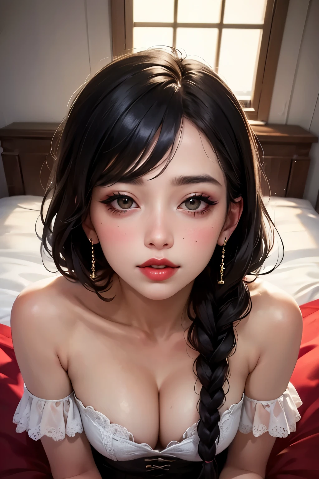 Amazing portrait of a cute woman with black braided hair and fair skin having a beautiful face with amazing makeup with smokey eyes and black mascara and red lips parted in a smile with her cheeks burning red with a deep blush wearing a deep neck red blouse showcasing her voluptuous bust with a cleavage that is pulled off her shoulder showcasing her bare shoulder and a matching skirt lying down on bed with her head resting on a pillow looking up with warm light amazingly accentuating her beautiful features