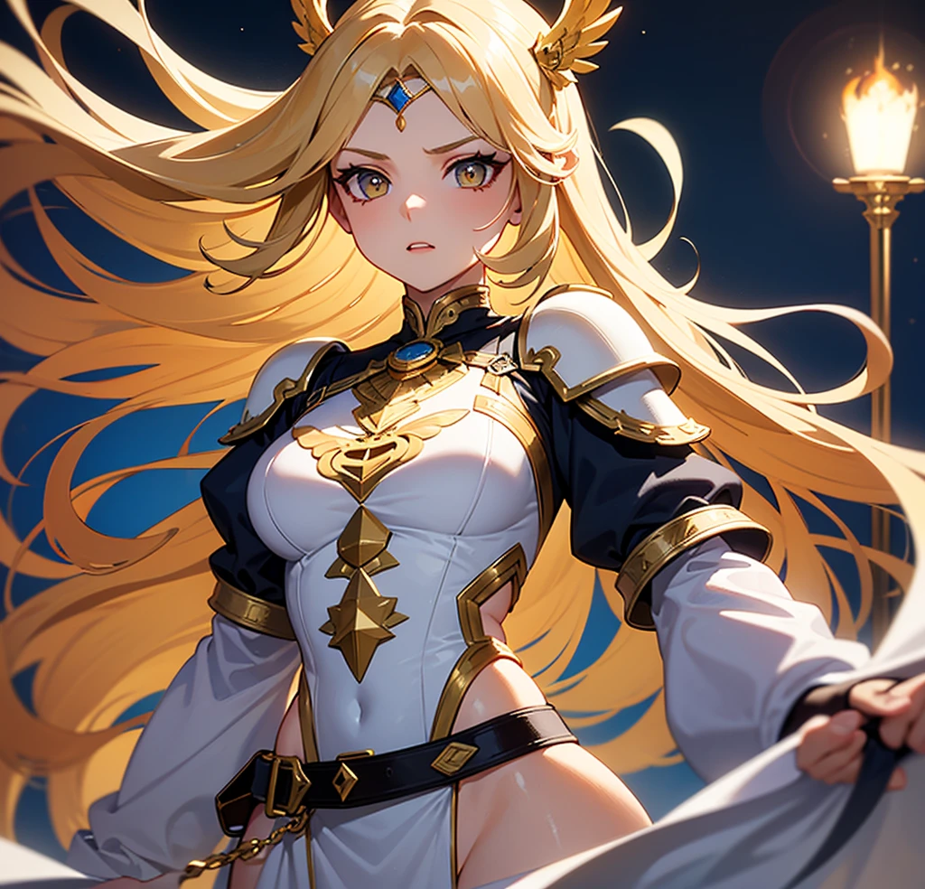 (league of legend female character, hyper league of legend art style), female angel goddess, ((high quality silk chiense dresses, chinese style hairpin, mink scraf, golden necklace, silk armlet, ribbon, white silk leggings, collar)), (black twin bun hair style, brown pupil, chinese style make up, perfect body shape), (Coercion idol aura, cloudy effect), (masterpieces, fantasy world, hyper resolution), courtyard background