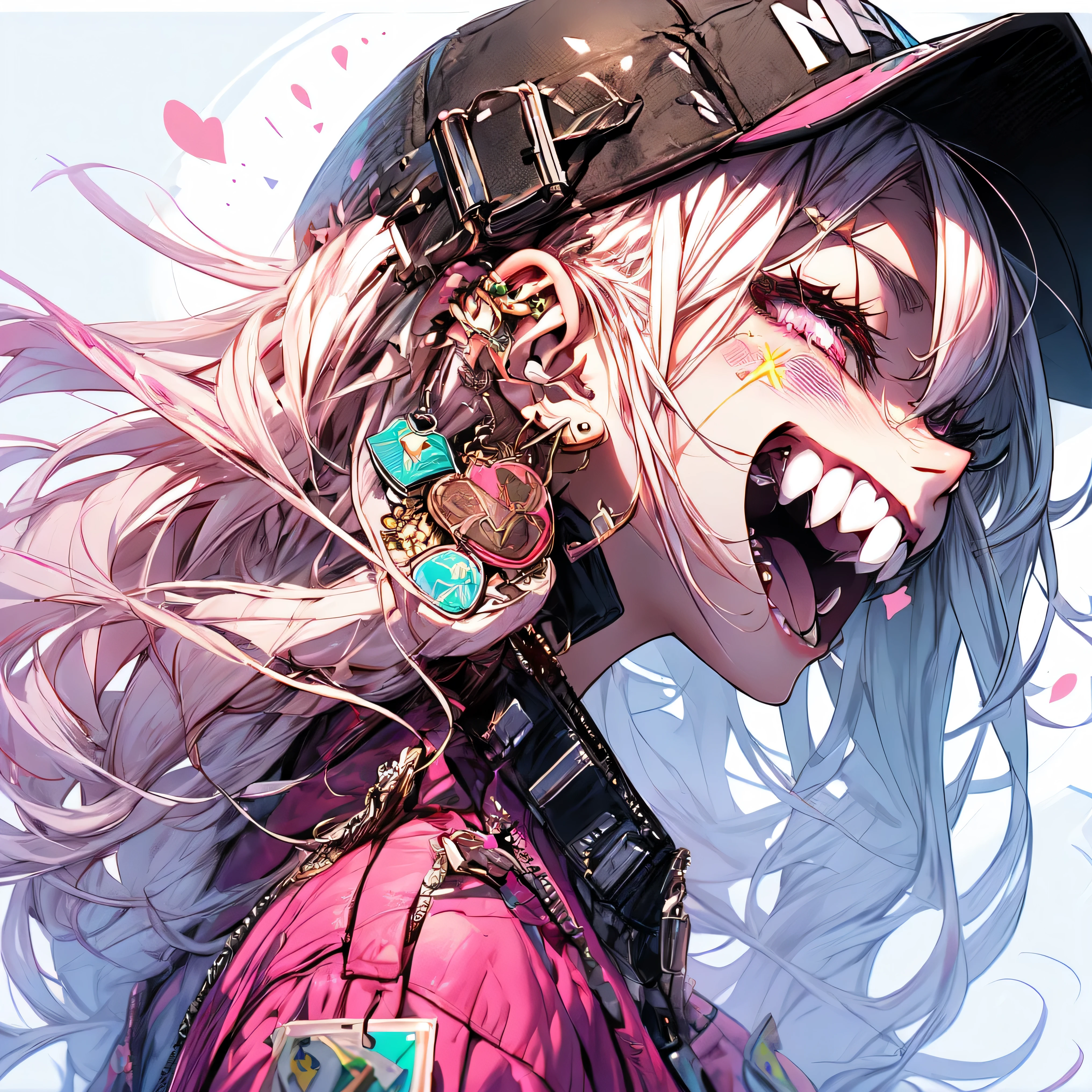 (Masterpiece:1.2), best quality ,Pixiv, Beautiful Rebellious Girl , portrait ,
1 girl, has , open your mouth, glossy lips, pink hair , Alone, mischievous smile, long hair, white background, jewelry, badge , button badge , Food, pink eye, earrings, simple background, Harajuku style jacket, long lashes, from side, Food down, star (symbol), profile, upper body, Writing on clothes, zipper, color, huge highlighted super huge very huge breasts, Lock, Sexy and Seductive , Cherry blossoms dancing in the wind, has ornament, piercing above spo, barcode , portrait , stickers, Foodie, smile, spike, baseball cap