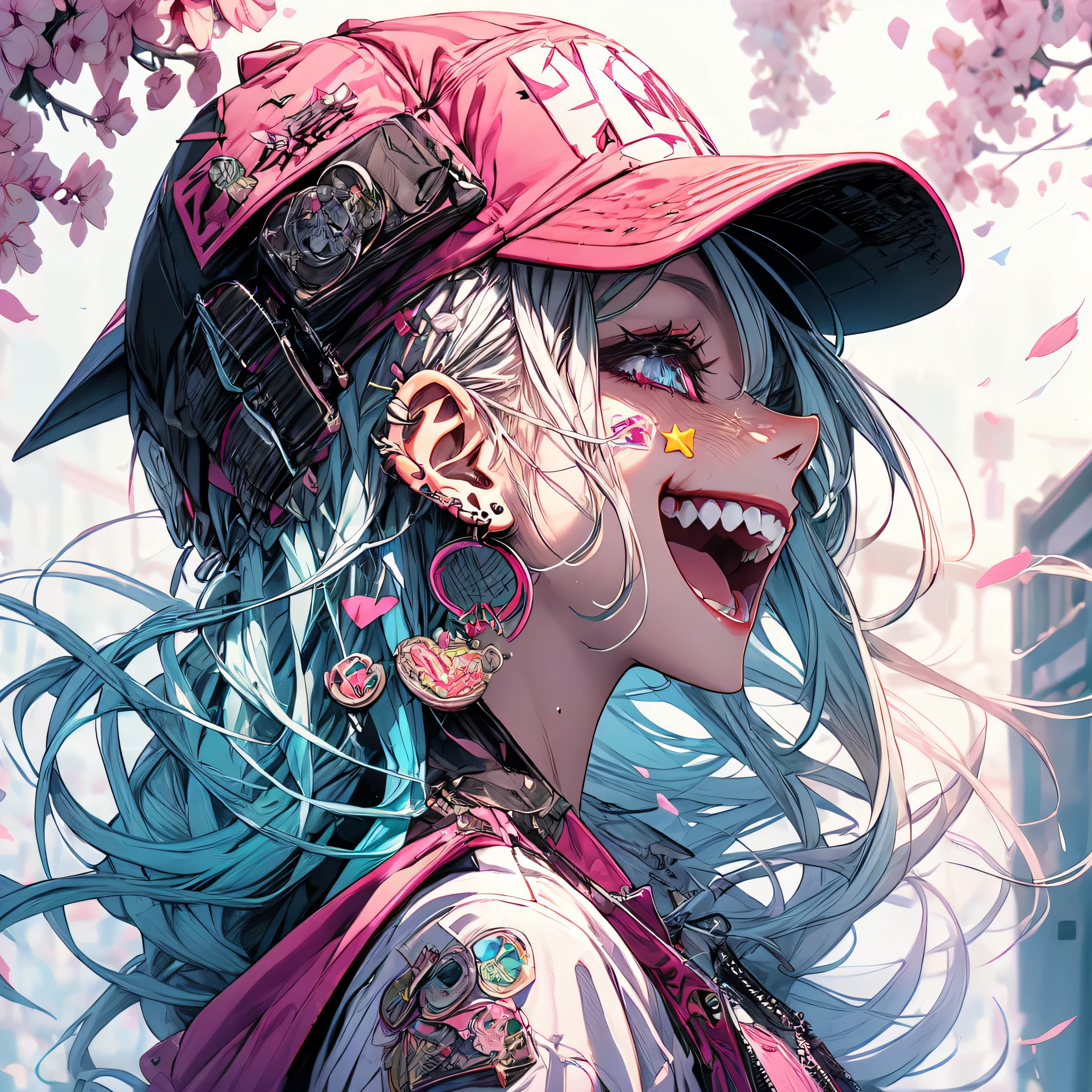 (Masterpiece:1.2), best quality ,Pixiv, Beautiful Rebellious Girl , portrait ,
1 girl, has , open your mouth, glossy lips, pink hair , Alone, mischievous smile, long hair, white background, jewelry, badge , button badge , Food, pink eye, earrings, simple background, Harajuku style jacket, long lashes, from side, Food down, star (symbol), profile, upper body, Writing on clothes, zipper, color, huge highlighted super huge very huge breasts, Lock, Sexy and Seductive , Cherry blossoms dancing in the wind, has ornament, piercing above spo, barcode , portrait , stickers, Foodie, smile, spike, baseball cap