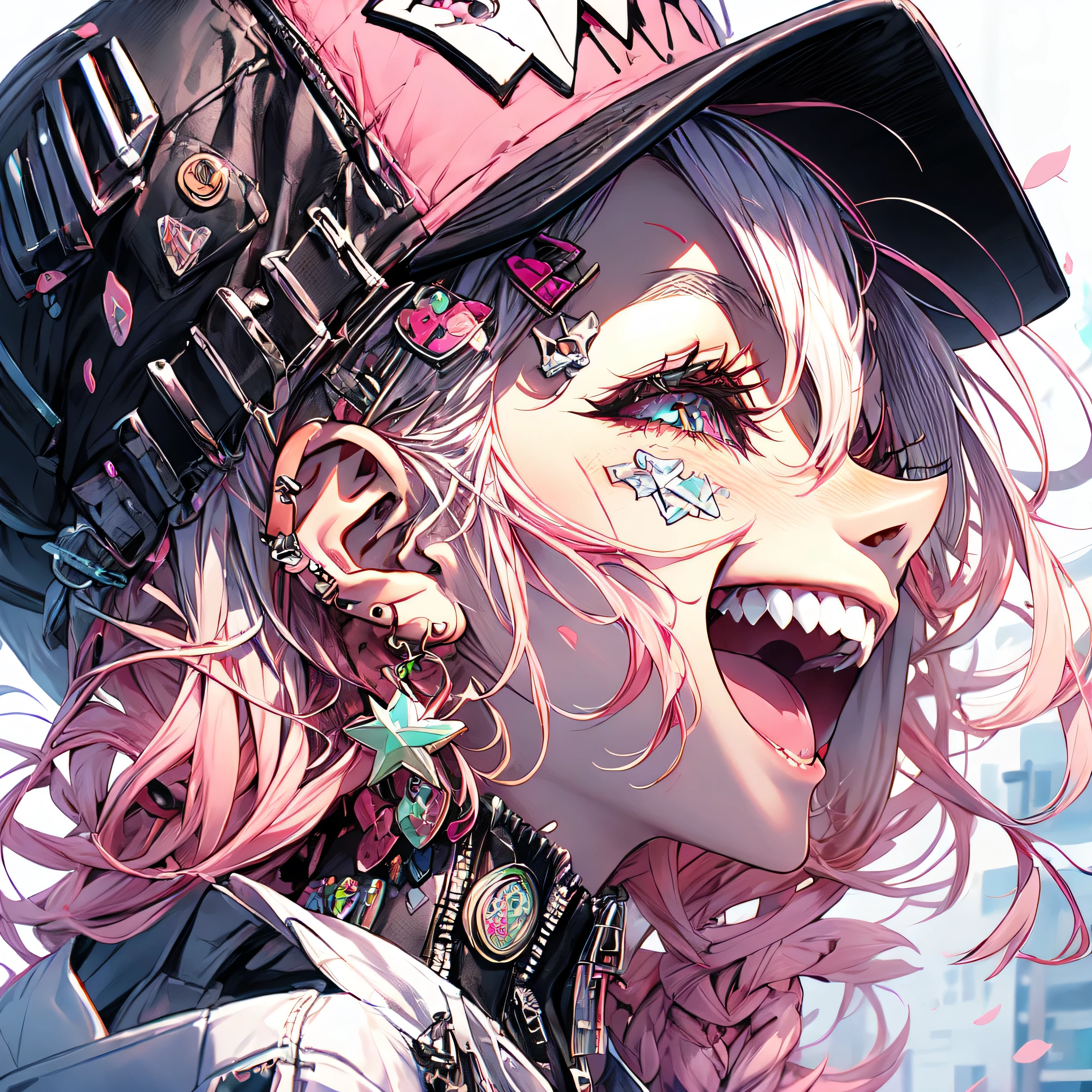 (Masterpiece:1.2), best quality ,Pixiv, Beautiful Rebellious Girl , portrait ,
1 girl, has , open your mouth, glossy lips, pink hair , Alone, mischievous smile, long hair, white background, jewelry, badge , button badge , Food, pink eye, earrings, simple background, Harajuku style jacket, long lashes, from side, Food down, star (symbol), profile, upper body, Writing on clothes, zipper, color, huge highlighted super huge very huge breasts, Lock, Sexy and Seductive , Cherry blossoms dancing in the wind, has ornament, piercing above spo, barcode , portrait , stickers, Foodie, smile, spike, baseball cap