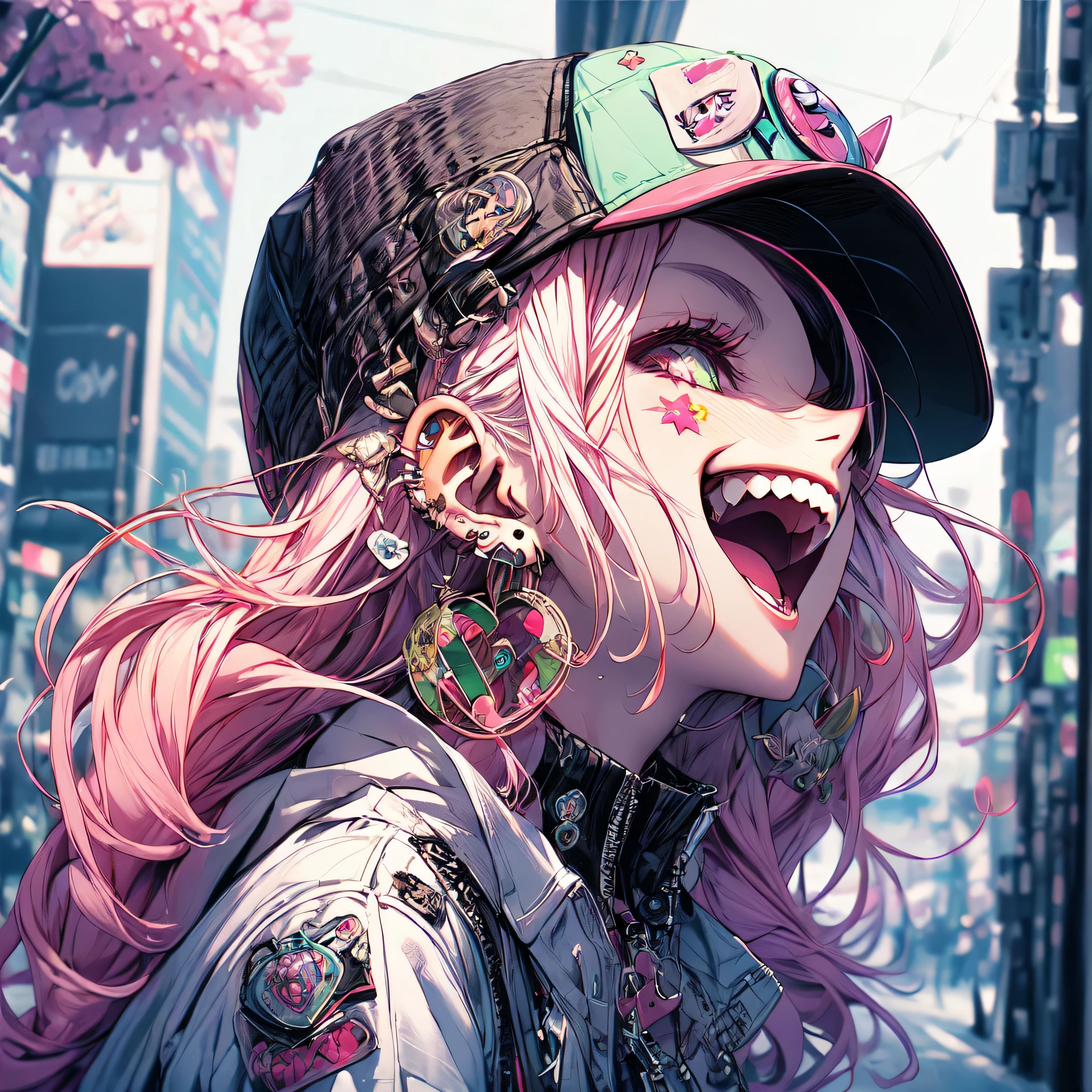 (Masterpiece:1.2), best quality ,Pixiv, Beautiful Rebellious Girl , portrait ,
1 girl, has , open your mouth, glossy lips, pink hair , Alone, mischievous smile, long hair, white background, jewelry, badge , button badge , Food, pink eye, earrings, simple background, Harajuku style jacket, long lashes, from side, Food down, star (symbol), profile, upper body, Writing on clothes, zipper, color, huge highlighted super huge very huge breasts, Lock, Sexy and Seductive , Cherry blossoms dancing in the wind, has ornament, piercing above spo, barcode , portrait , stickers, Foodie, smile, spike, baseball cap