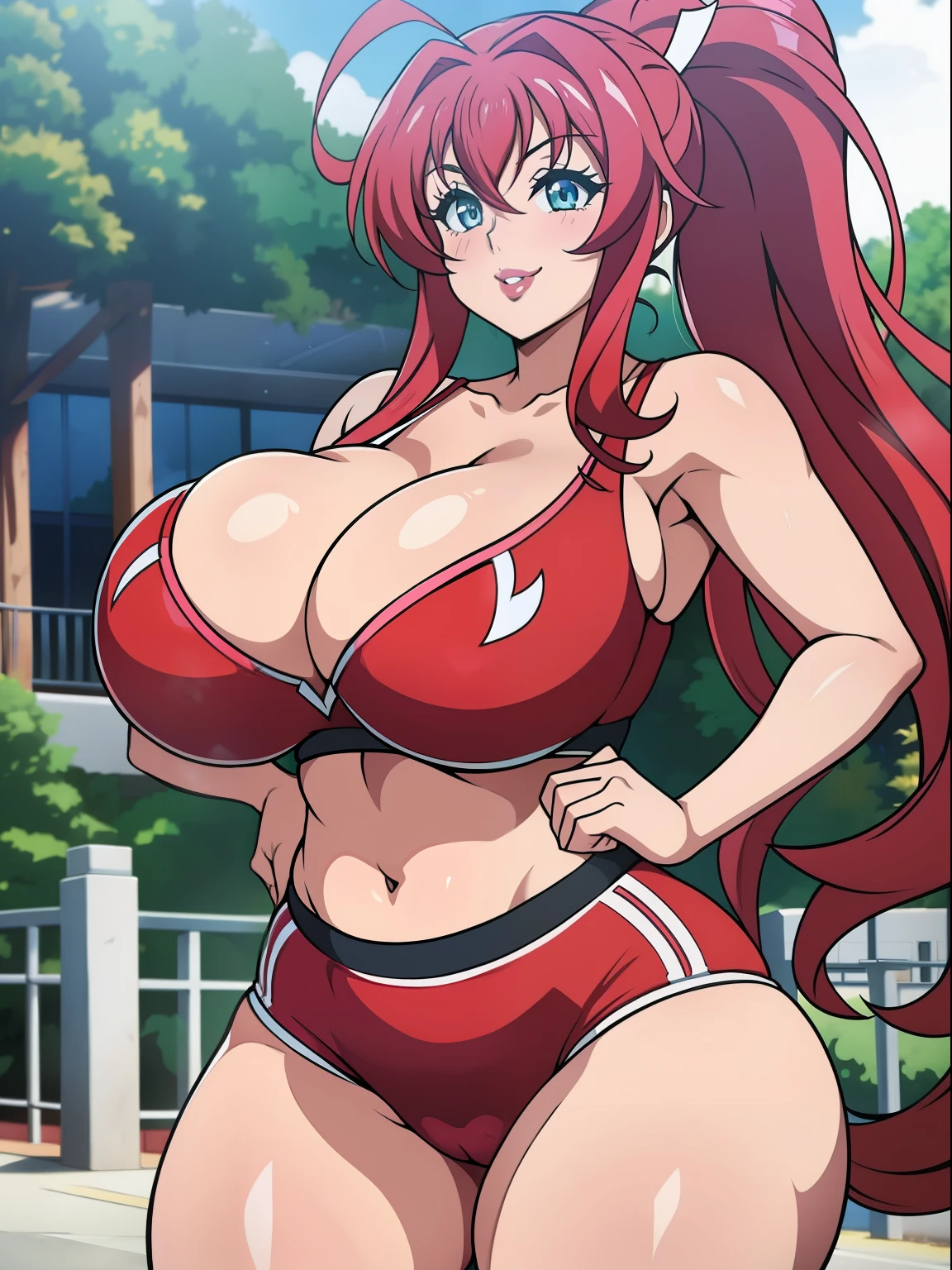 high resolution, high school dxd, Gremory Makeup, 1 girl, ((bimbo))), long red hair, Blue eyes, erotic smile face, swollen lips, Painted lips, thick lips, Wide hips, thick thighs, Huge natural breasts, shiny skin, red bikini oily skin, high, Pool, whole body, nipples