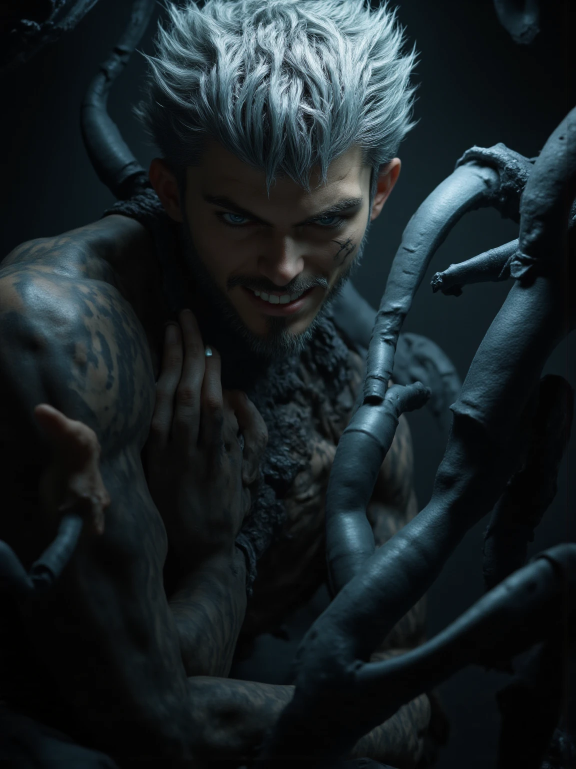 1 beautiful male, 26 years old, Solo, Hair Between Eyes, Parted Lips, Hoodie, POV, Foreshortening, Lens Flare, Best Quality, Masterpiece, Best Quality, Award Winning, Detail, High Details, High Quality, Super Detailed, Hair Between Eyes, White grey Hair, Medium Hair, Messy Hair, long muscular body, full tattooed body, pake skin, Grin, Saliva, Facial Hair, Drooling, Anger Vein, Angry, Heavy Breathing, Smirk, Full-face Blush, Wince, Drunk, Nosebleed, Evil Smile, Seductive Smile, Yandere, Crazy Eyes, Crazy Smile, Chin Grab, Naughty Face, Isometric View, Fujifilm, Sony FE GM, Sony FE, Scar Across Eye, Foreshortening, Emphasis Lines, Dithering, Optical Illusion, Optical Illusion, 8K Octane, Apocalypse, Gothic Art, Hyperrealism, Photorealistic, 