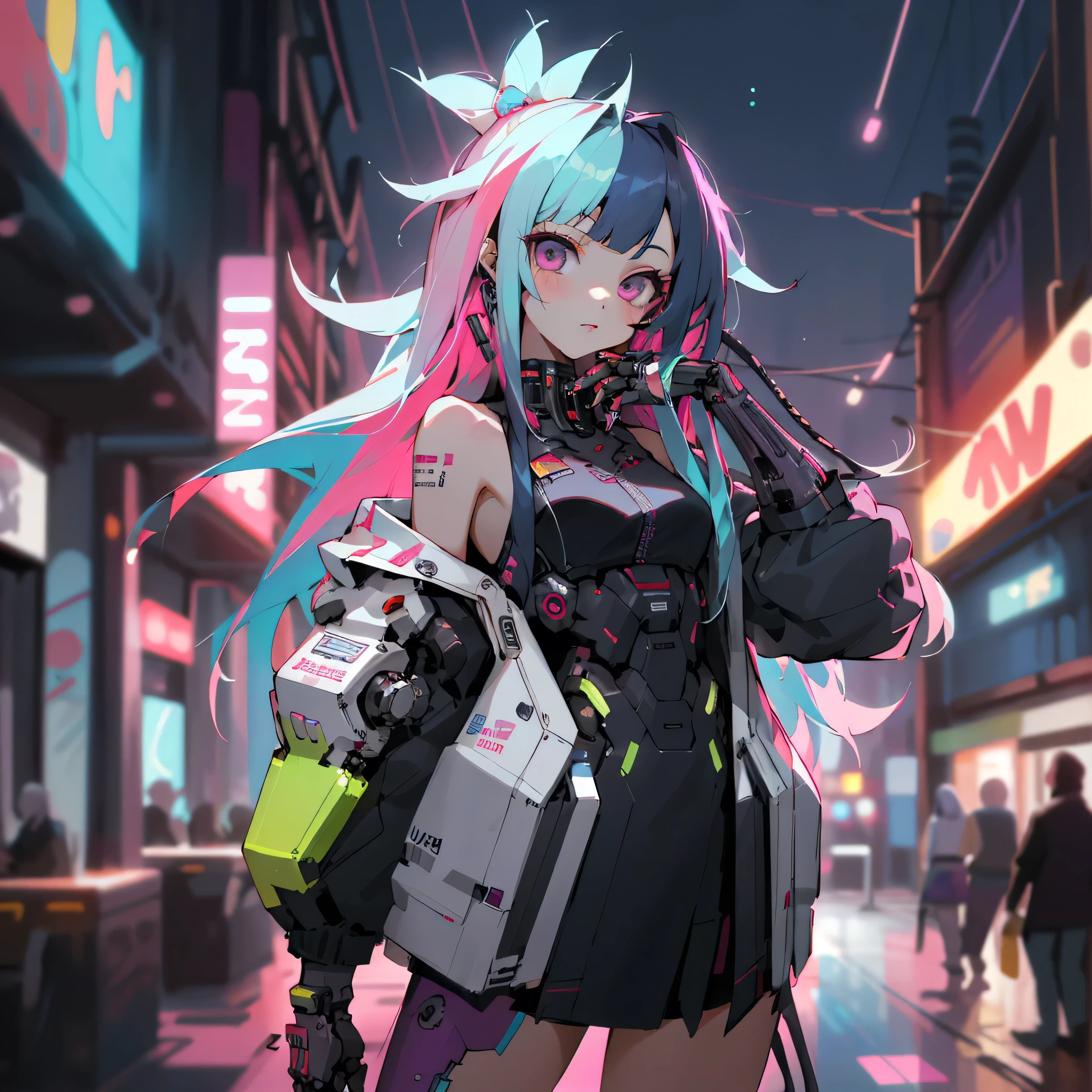 Rebecca, 1girll, Green hair, White skin, double tails, colored sclera, red sclera, Bra, Panties, Black jacket, Artificial eye, black sneaker shoes, Perfect anatomy, Solo, zombie, Multiple boys, crowd, Glowing eyes, Undead, Horror \(Theme\), Masterpiece, Best quality, Highly detailed, Upper body, standing