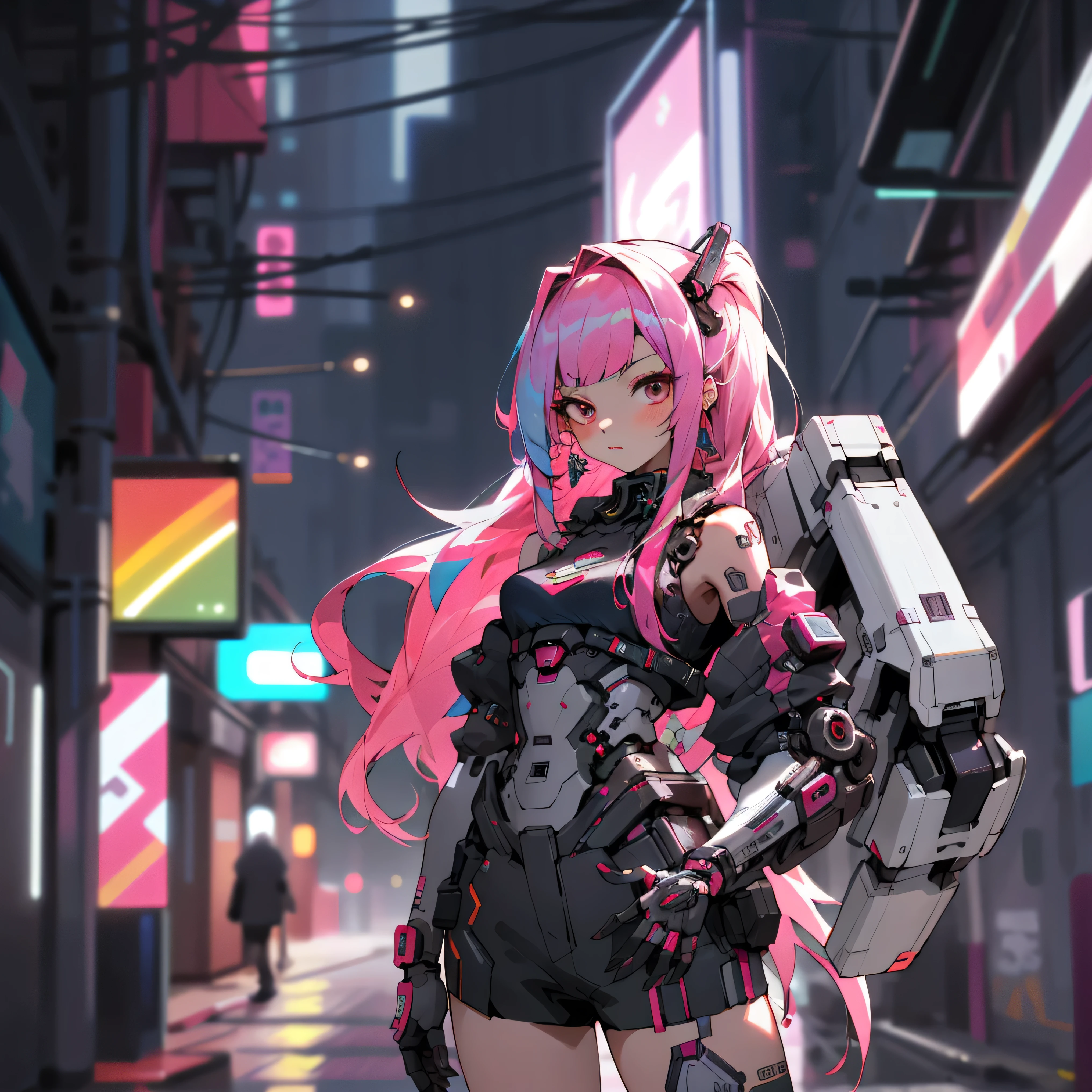 bocchi, style of titanfall, (detailed intricate full cover tactical helmet:1.3), (pink hair), cowboy shot, (dynamic pose), 1girl, solo, ray tracing, (masterpiece), (best quality), (detailed), (detailed tactical gear:1.1), (body armor:1.1), pantyhose, gloves, (intricate background:1.1), <lora:gotHitoriBocchiBocchi_v10:1>