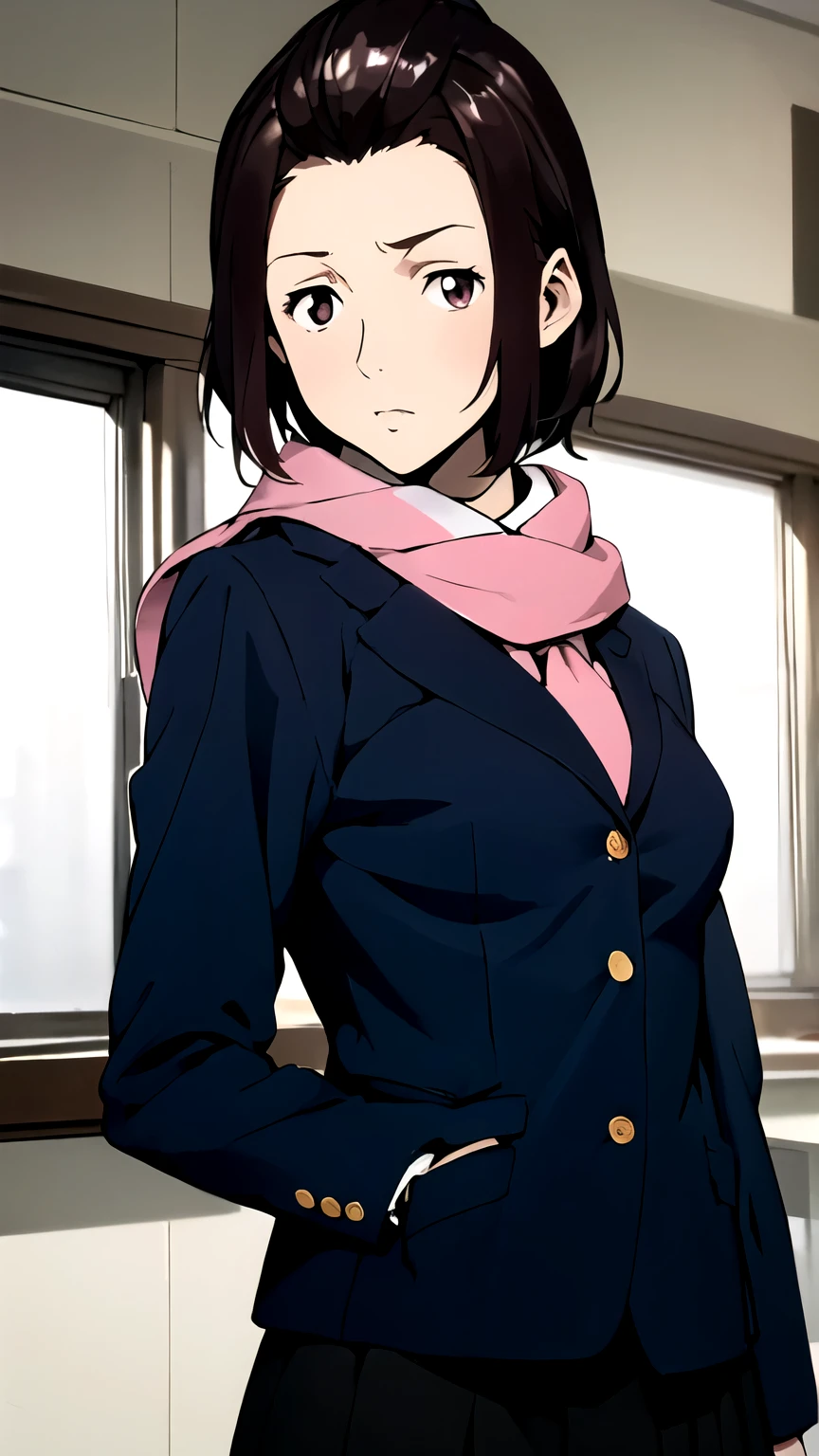 ((masterpiece,best quality)), {DATE_artstyle_LoRA : Manga_Style} {horror_edit : creepy_room_aura} {partially_monochrome} { (Satomi Murano, hair bulled back, forehead , short hair, brown eyes, perfectly_shape_breast : perfectly_slender_body : } { skirt, school uniform, jacket, blazer, winter uniform, otonokizaka school uniform, pink scarf } { } {standing_still} { no_emotion : hypnotic_eyes : hypnotized_eyes } { sweating } { } : dark : creepy otaku room : messy }