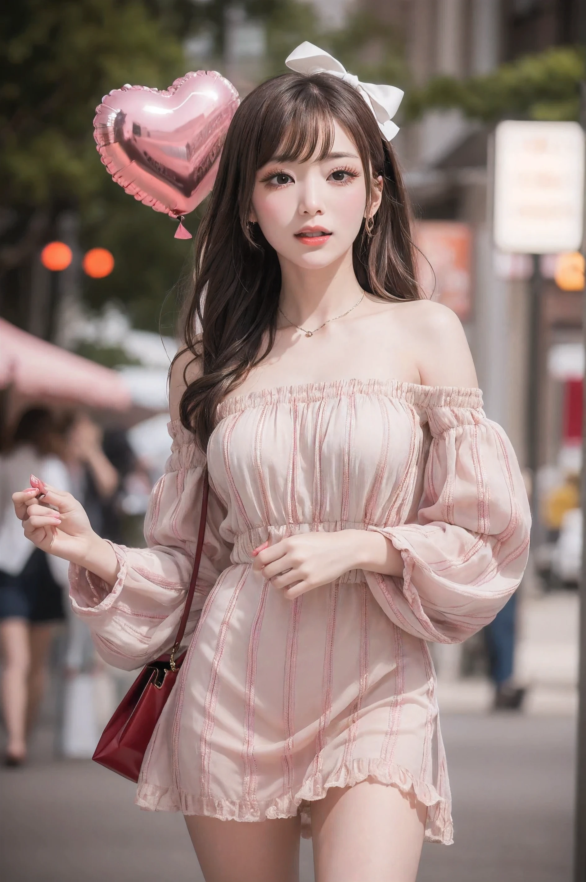 A hyper-realistic 8k masterpiece capturing a young woman (Marin Kitagawa) in full-body view, dressed in a flowing pink off-shoulder dress that exudes elegance and playfulness. She stands gracefully against a soft pink background that is subtly illuminated with glowing lights, creating a dreamy and romantic atmosphere. In her arms, she holds vibrant metallic heart-shaped balloons in shades of pink and red, their reflective surfaces gleaming softly in the warm light. In her other hand, she carries a beautifully wrapped red gift box adorned with a large, elegant bow, adding a sense of celebration and charm. Her playful pout and confident pose radiate joy and affection, while the delicate details of the scene evoke sweetness and love, forming an enchanting visual narrative.