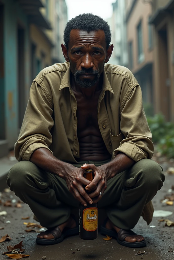 Black man begging for coins on the street and he&#39;s crying without clothes, only underwear, crying and dirty, putting more dirt and shame on his face