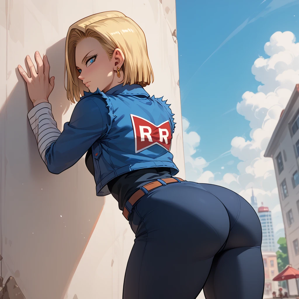 1girl, vault-girl, belt, belt around boobs, big breasts, blonde hair, blue bodysuit, blue jumpsuit, bodysuit, breast belt, curvaceous, curvy, female focus,  light skin,ripped bodysuit, side boobs, short hair, vault suit,,nsfw, ripped clothes, panties, visible panties, lace panties, white panties, wedgie, ass, adjusting clothes, solo, from behind, looking back, looking at viewer, back, panties <lora:vault-girl:0.6> <lora:adjusting_clothes_ass_v0.1:1>