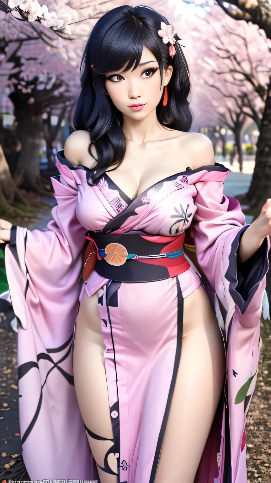 1girl in, photo of Emiru, RAW, beautiful woman, ((portrait)), ((detailed face:1.2)), ((detailed facial feature, detailed skin, clear skin), (perfect proportioned body, perky, runners body, thin hips, thin waist, skinny, petite, detailed skin texture), (undressing a kimono, kimono falling off shoulder, exposed, NSFW, grabbing a clothes: 1.5), (high detailed park with cherry blossoms: 1.3), (realistic photo, best quality, detailed), (8k wallpaper), (cinematic lighting, dramatic lighting), (sharp focus, intricate) high quality, film grain, Fujifilm XT3 sharp focus, f 5.6, 50mm, High Detail, Sharp focus,(natural light), crazy details, complex details, hyper detailed. (cowboy photo:1.2), light particles, sfw