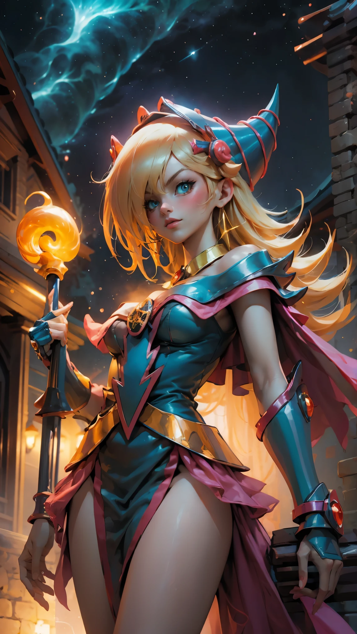 Beautiful dark mage ( Masterpiece: 1.2, The Best Quality ), (1 , only), big breasts, (Dynamic posture), ( shiny leather, crimson red skin), crimson red skin, Dark Magician Girl Demon Version Sezy, red skin, Thin and lace gloves , ( small demonic horns:1.1), (Lilith \(Darkstalkers\)), (sky), fringe, (jewely, Golden ornament:1.15 ), pelvis grande, blue (shackles:1.1) Dark Magician Girl Sexy Demon Version