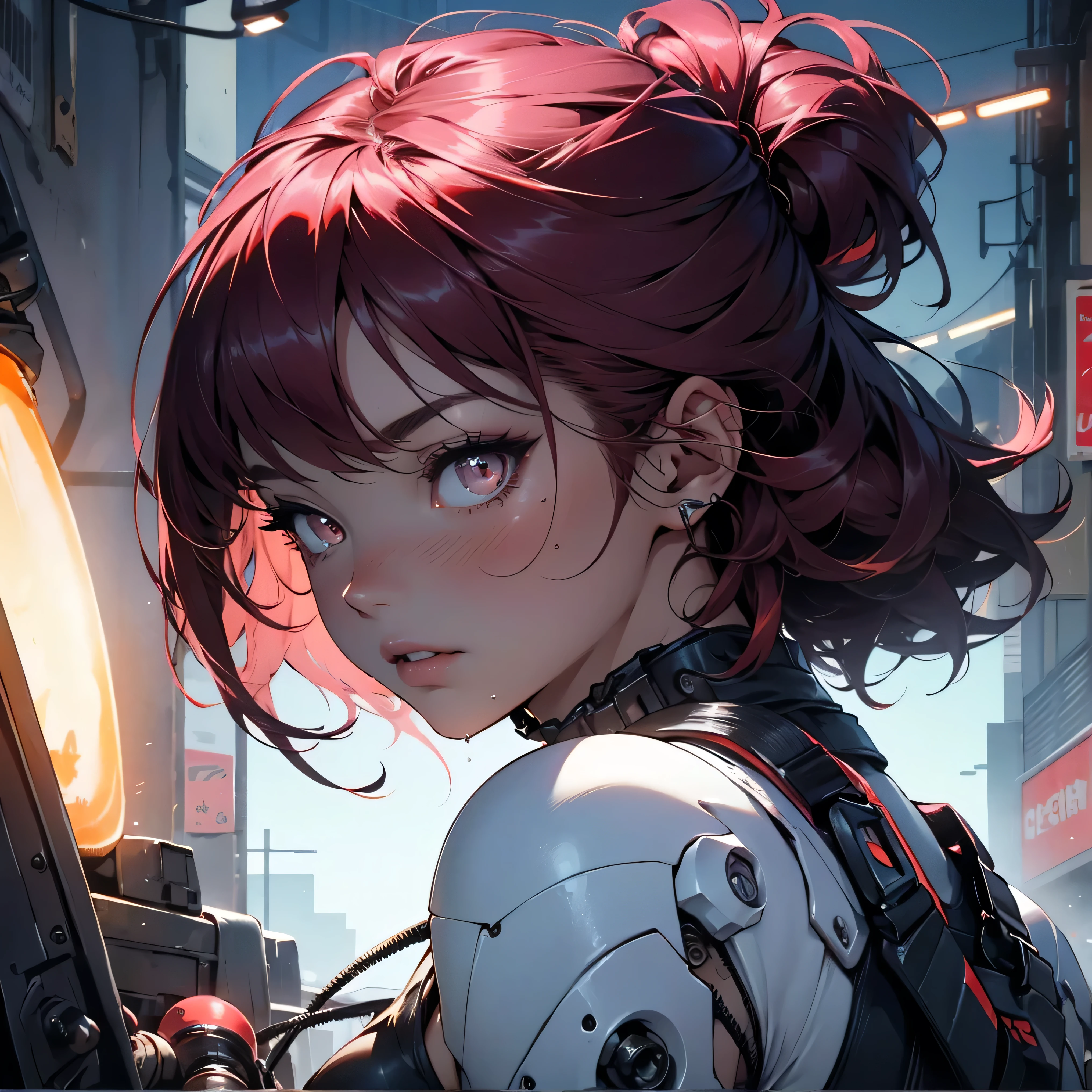 ((best quality)), ((Masterpiece)), (details:1.4), 3d, Image of a beautiful cyberpunk woman., HDR (high dynamic range), mature woman, short hair, red hair, earring, future police, PBR surface, After processing, Anisotropic filtration,depth of field, Maximum clarity and clarity, multi-layered surface, perfect proportions, 8K raw files, future world, at night, Scars on the face, futuristic city background,