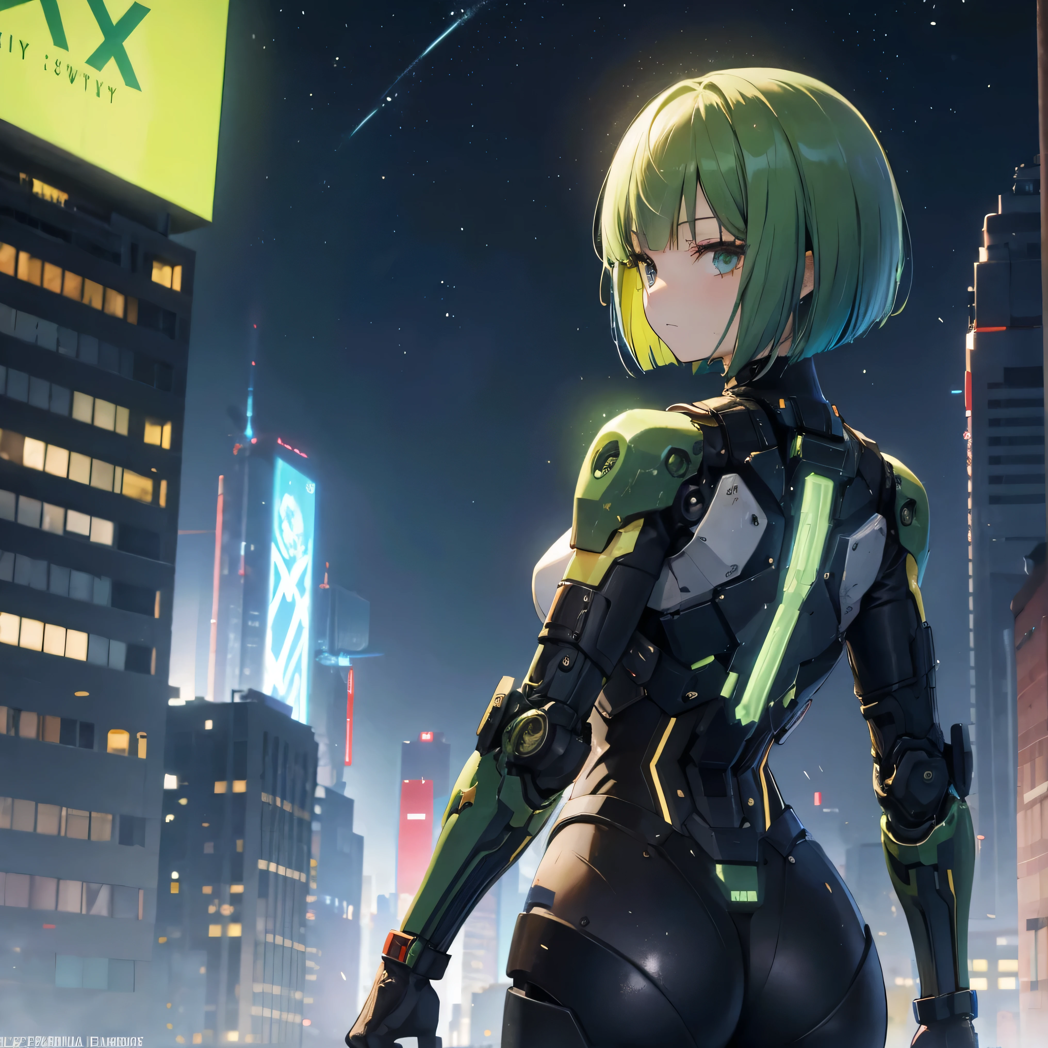  green hair, blunt bangs ,  bob cut,  head goggles,   multicolor eyes , compensate,  Disgust, backlit, Masterpiece,  accurate,  more details,   two-bracelet that won a realistic  ,  high resolution,  best quality , 8k,  cyberpunk, Sci-fi movie world , 2500 Martian city ,  in a green-haired {x} mechanical suit android, Starry Sky , meteor, from back