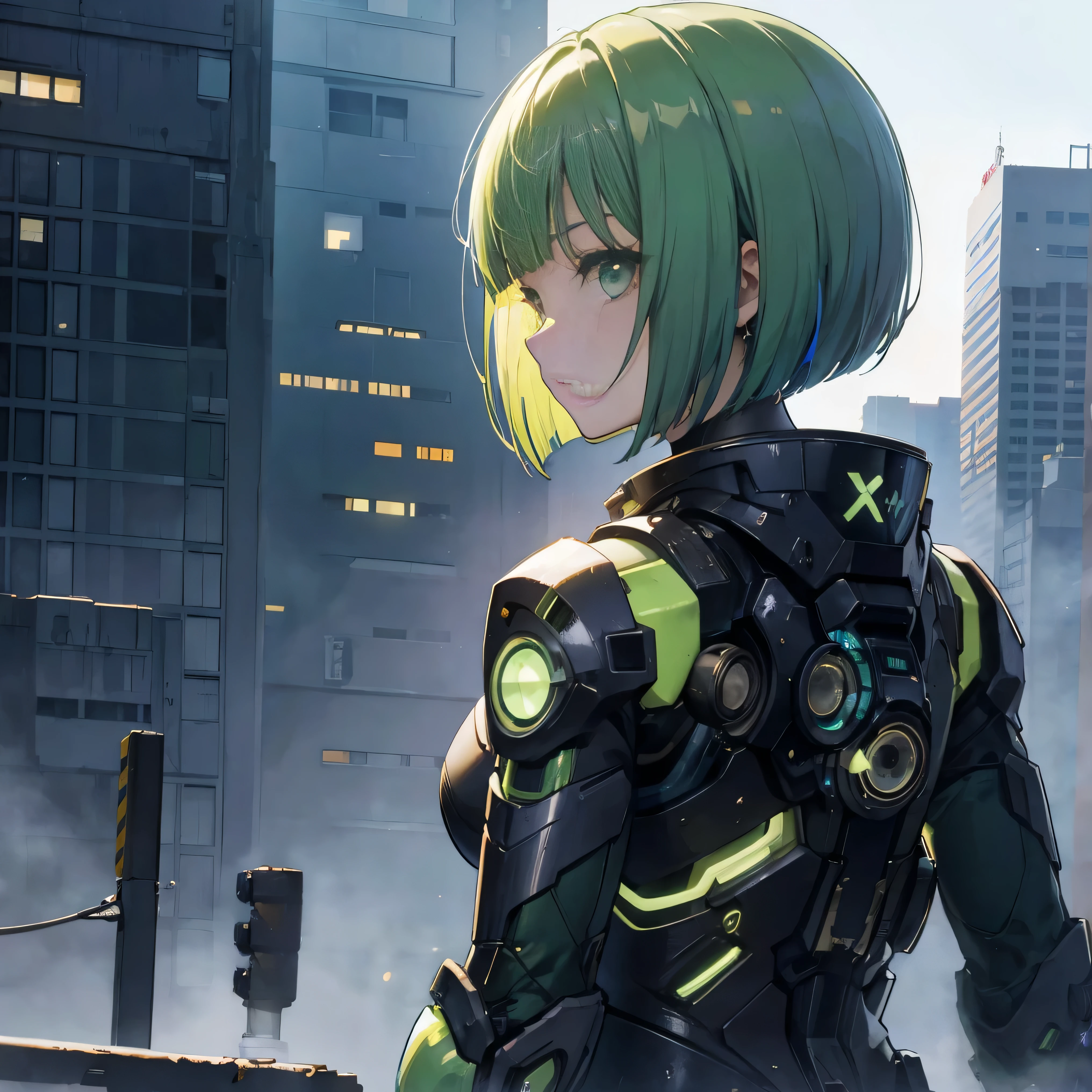 green hair, blunt bangs , bob cut, head goggles, multicolor eyes , compensate, Disgust, backlit, Masterpiece, accurate, more details, two-bracelet that won a realistic , high resolution, best quality , 8k, cyberpunk, Sci-fi movie world , 2500 Martian city , in a green-haired {x} mechanical suit android, Starry Sky , meteor, from back