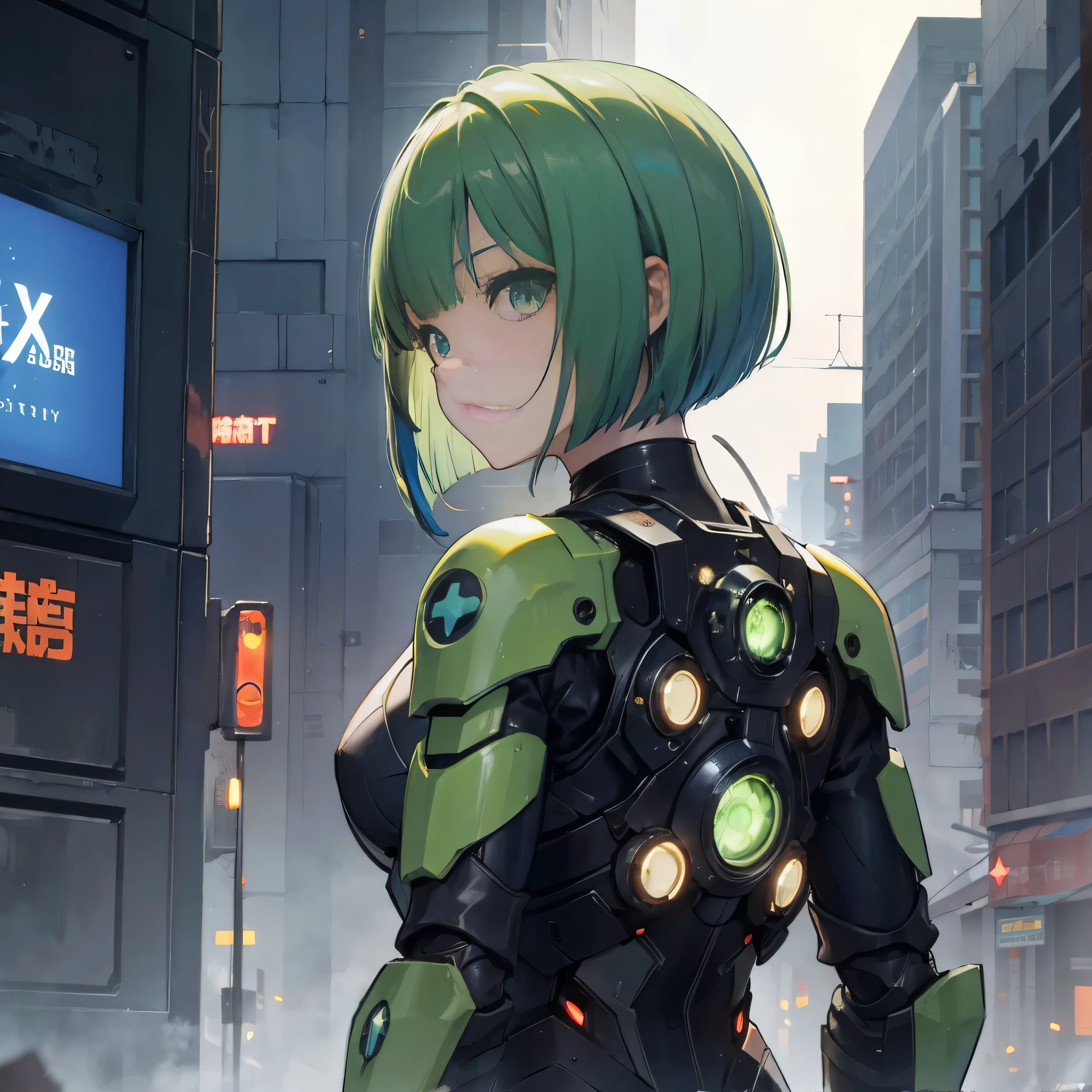  green hair, blunt bangs ,  bob cut,  head goggles,   multicolor eyes , compensate,  Disgust, backlit, Masterpiece,  accurate,  more details,   two-bracelet that won a realistic  ,  high resolution,  best quality , 8k,  cyberpunk, Sci-fi movie world , 2500 Martian city ,  in a green-haired {x} mechanical suit android, Starry Sky , meteor, from back