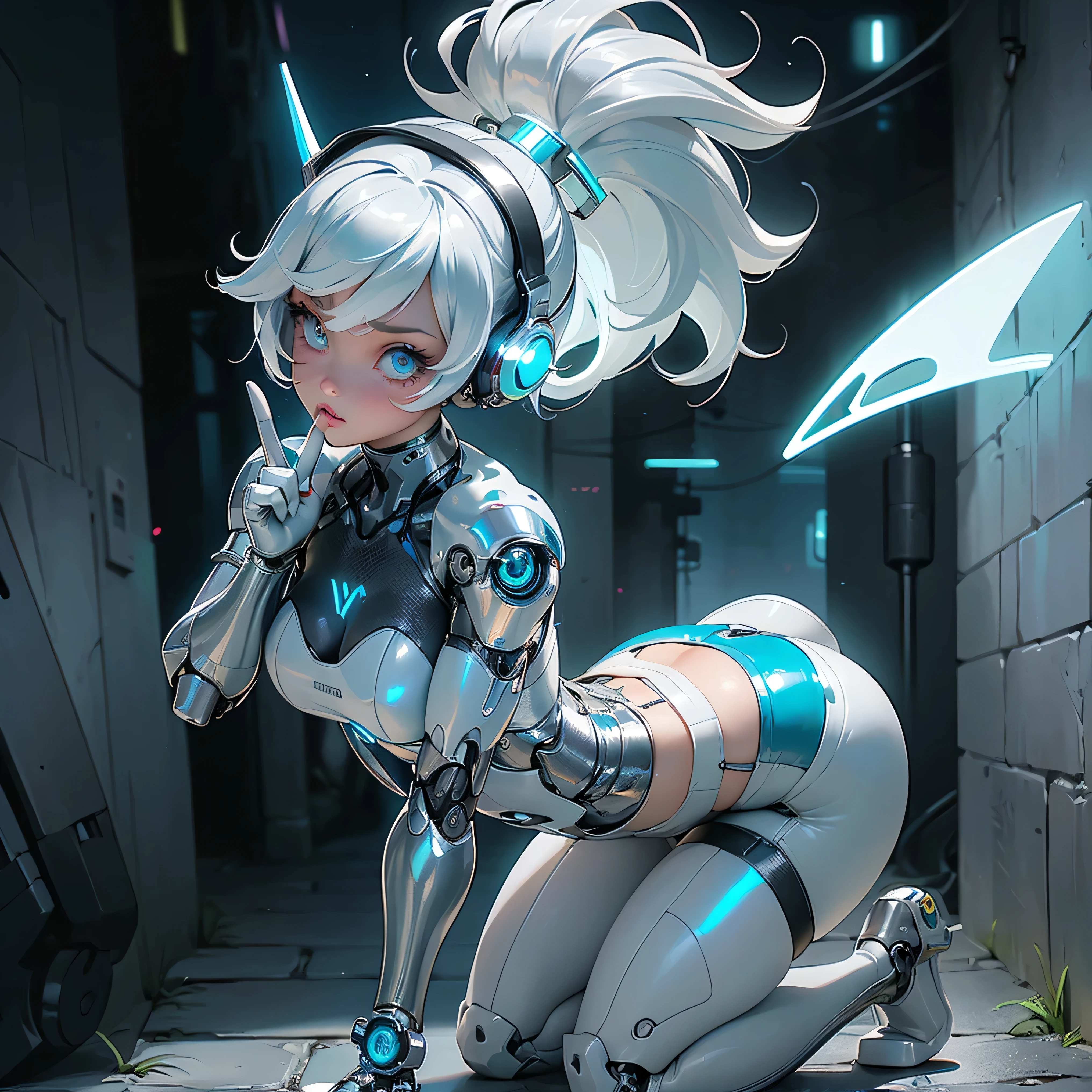Une magnifique fille de 20 ans, demi-robot équipée d'un œil bionique, cheveux rose et bleus, un corps athlétique sculpté, enormes seins et gros tétons, grosse fesses, et juste vêtue d'une jupe courte ajustée qui laisse apparaître sa peau transparente et molle. Elle se fond dans l'ombre, la lumière multicolore des étoiles illuminant sa figure. Ses doigets couvrent son clitoris humide et dégoulinant, et elle inspire une air de concentration