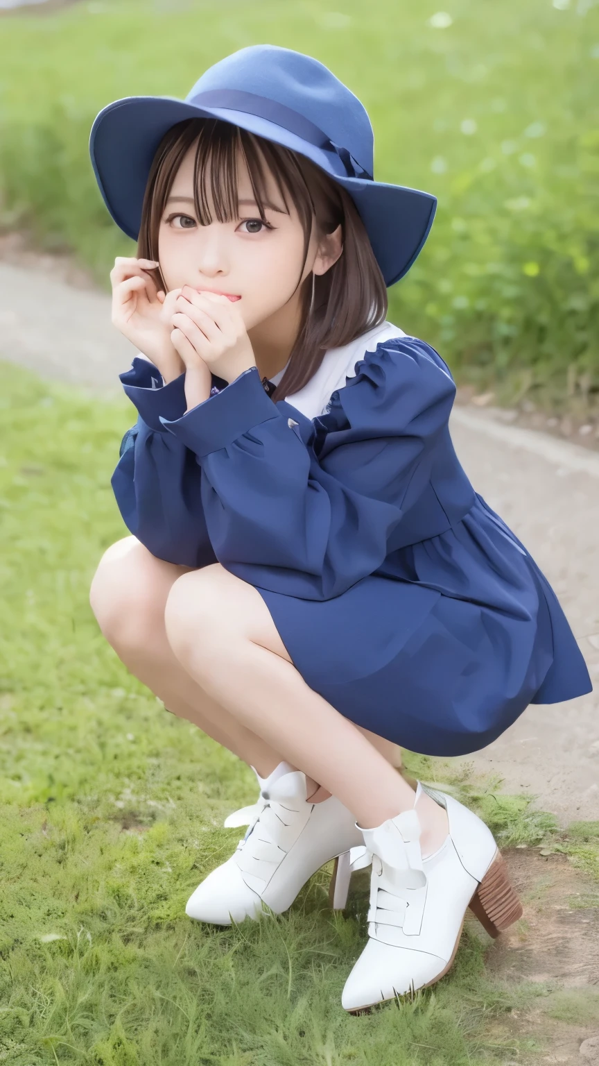 detailed color, cute face, One Girl, Blonde, white background, farm work , dress, 青いshoes, wing, simple background, sign, flower, Manicure, wide sleeve, Long Sleeve, , animal, White Flower, Alone, whole body, bird, viewer, high heels, put your hand on your cheek, 's face, frills, bow, bangs, ribbon, Bell, blue hat, +_+, shoes, short hair, gray eyes, shoes, Blue Claws, feathered wing, blue bow