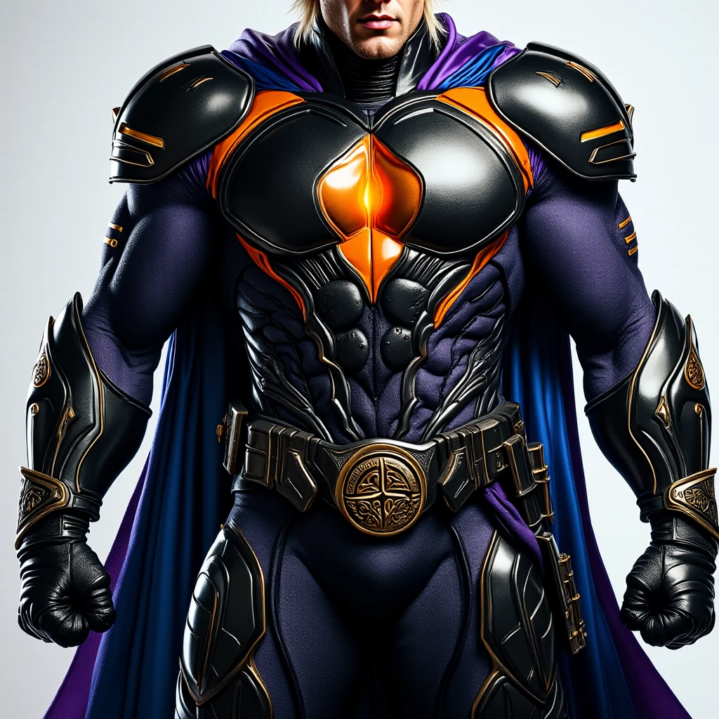 (Top Quality, 6K), A blue & yellow superhero in the style of Irving Penn and John Buscema, Strikes a pose for an iconic monochromatic photograph, Chrome-plated armor gleaming under the soft light, Satur neuro butto-inspired muscular physique, Monochromatic color palette of dark pink and light gold.

The superhero's face is severely focused, with intricately detailed features and a defined jawline. His eyes convey intensity and determination. The blue and yellow fabric of his suit clings to his muscular form, highlighting every curve and line. The texture of the suit is finely detailed, with every crease