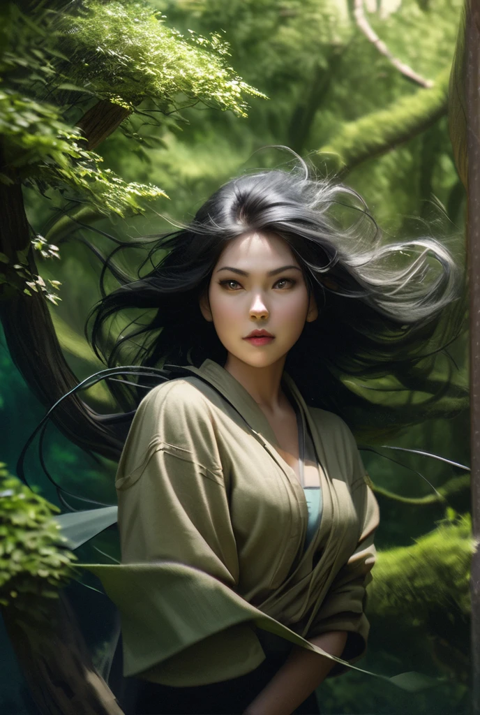 Birdseye view. beautiful woman, born Thai-korean as Tsunade Senju with a diamond mark on her forehead from the anime series “Naruto.” 30 years old at amidst Huangshan Mountain at sunset. dynamic martial arts on top cliff. she wears a green cardigan and no tied deep v neckline gray kimono . (the round a green cardigan is getting bigger, like a balloon about to pop). black long hair. chuckle. black open-toed sandals with high heels. high resolution, realistic, 8k