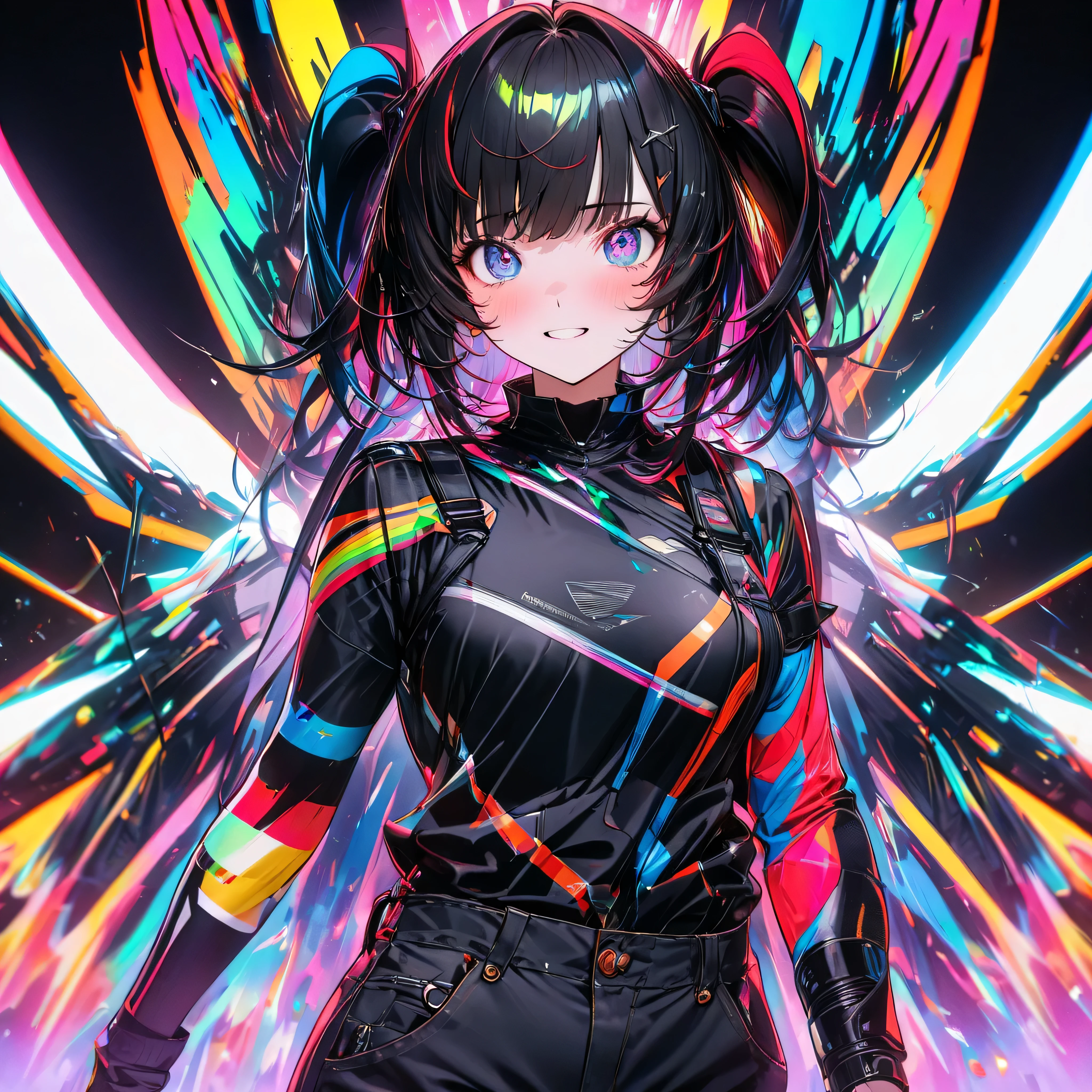  best quality , Super Fine, 16k,  insanely absurd ,  very detailed on trends, 2.5D,  gentle yet dynamic depiction , (Like appearing in the Metamorphosis Sentai movie、 like those in the Metamorphosis Sentai movie ,  matte black with colorful lines ),  cool bike armed by changing the shape {x} mechanic girl wearing overalls during maintenance,  background analyzer lab 