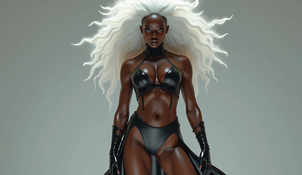 ((best quality)), ((masterpiece)),((detailed)), drow, dark elf, woman with white hair, red pupils, ((ebony skin)), focus on face, eighteen years old, sexy, sensual, long legs, athletic body, well-toned body, skinny body, fullbody, large breasts, open neckline, sexy black armor, skinny thighs, medium hair, long eyelashes, elf ears, black colored skin, sunny medieval town