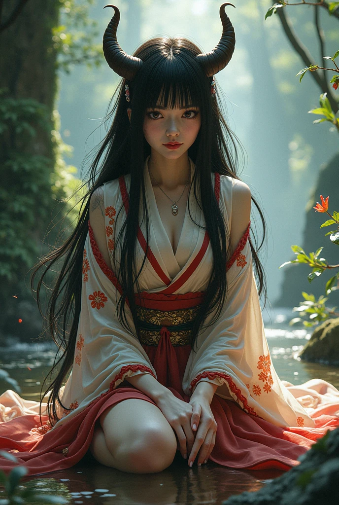 Best quality, masterpiece, 1 girl, brown hair, red eyes, full body portrait, detailed face, beautiful eyes, high ponytail, in autumn ginkgo forest, ancient Chinese architecture, ancient architecture of Tang dynasty, very detailed background.solo
