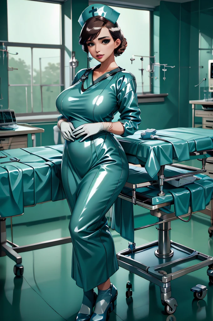 (muste piece, highest quality)((8k)),full body ,colored tattoo,super detailed, Doctor surgeon,muslem girl,arab girl ,blue eyes ,photorealistic,dark bronze shiny skin,beautiful female model,(( surgeon,wearing dress,Surgical green gown, blouse,arabic traditional dress,traditional bra , turban )) big tits, whitestockings, perfect face, beautiful face, attractive, big gorgeous ass,very big tits,big ass,maldive ((in surgery room)),thin waist, open leg ,horny ,horny, (shiny skin), she is wet and intimate, she has a submissive expression, direct eye contact, hyperrealistic, unreal engine 5,Suggested pose, 8K