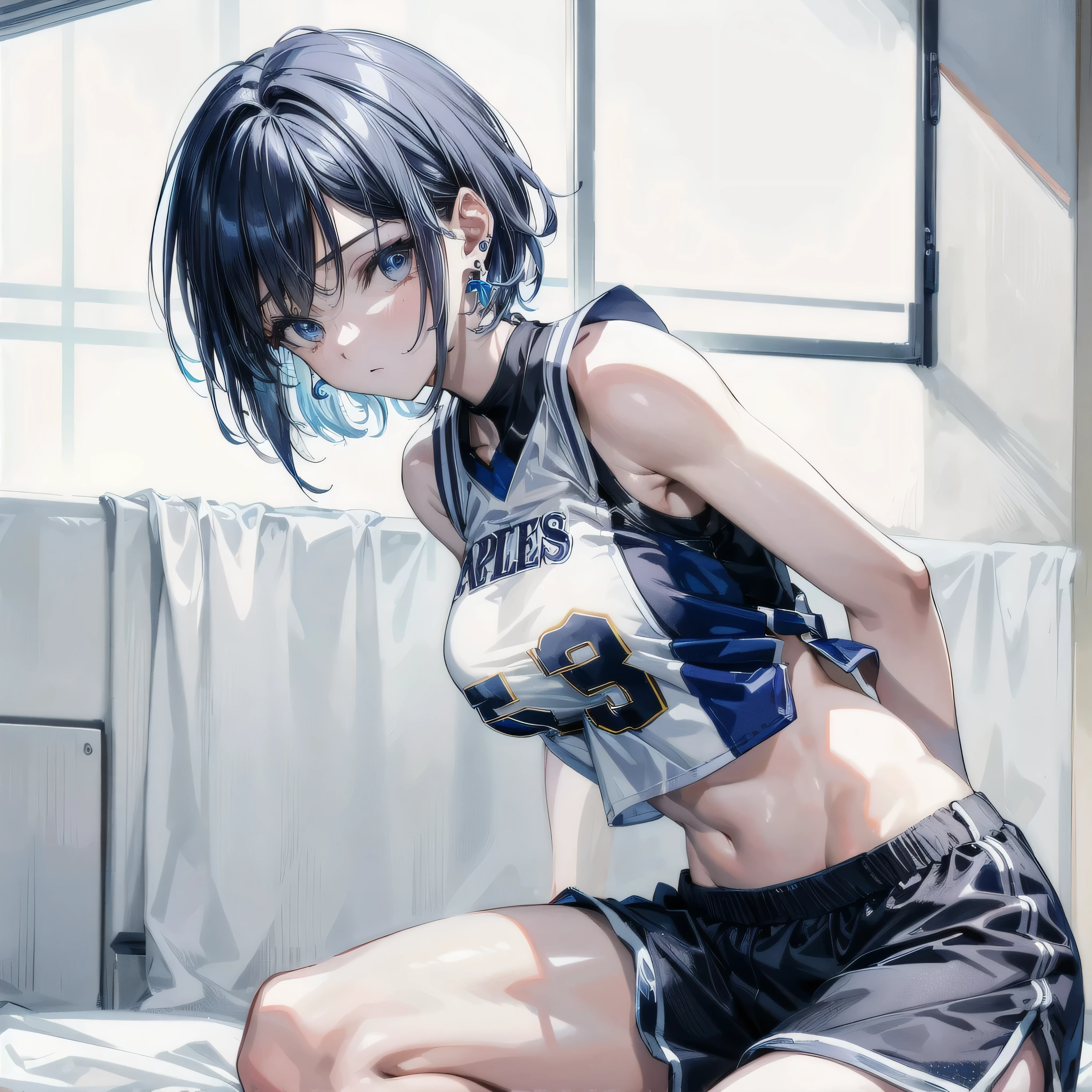 whole body, absurdres, RAW photo, extremely delicate and beautiful, masterpiece, Best Quality, ultra high resolution, 32k, hyperrealistic, ultra-detailed, detailed description, pale skin, 20 years old, detailed beautiful face and eyes, big tits, medium hair, black hair, tearful mole, earring, Basketball shirt, tank top, Hot Pants,
