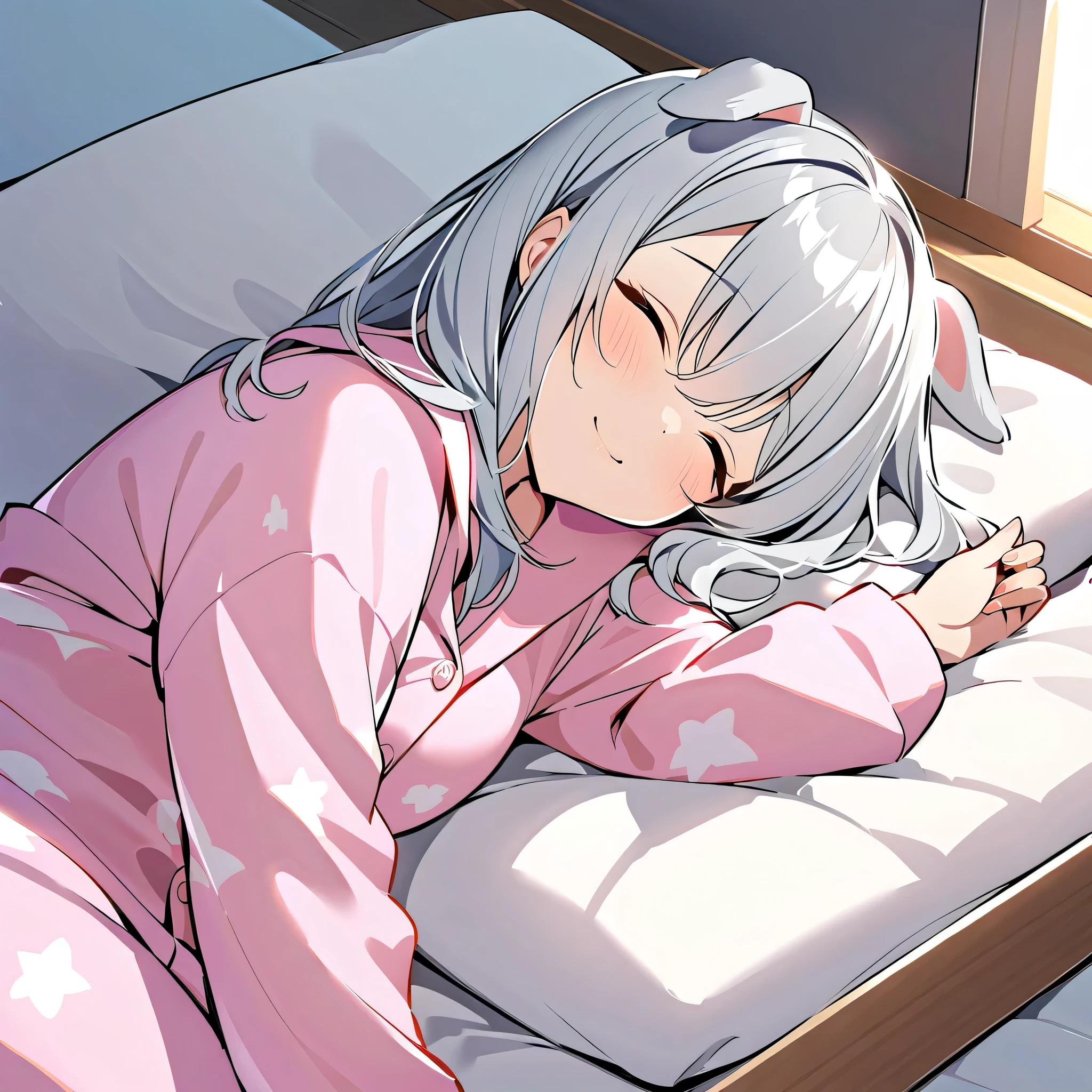 winter,smile, girl with dog ears, Silver Hair, White Ear, pajamas ,Sleeping on a futon