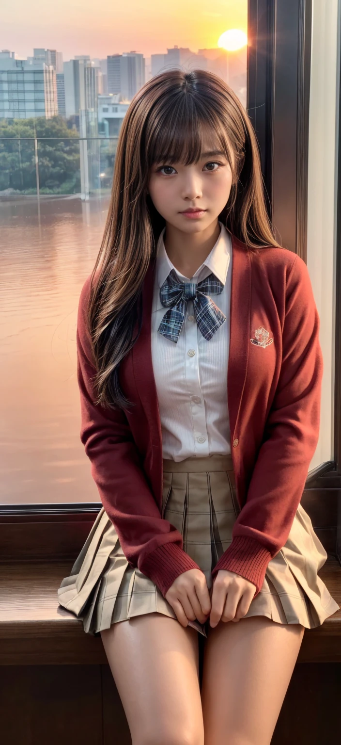 dark blue blazer、white shirt、Large red ribbon、(Ultra-mini flared skirt), Red tie, White socks, low tune,Light brown fringed hair、Disheveled hair、Light brown eyes、1girll、(Shy look)、(Photorealsitic)、(intricately details:1.2)、(tmasterpiece、:1.3)、(top-quality:1.4)、(超A high resolution:1.2)、超A high resolution、(A detailed eye)、(Detailed facial features)、NFFSW、8K分辨率、、(lense flares:0.7)、((((((爆乳)))))、valley、Emphasize the valley、A short skirt、Worry that you can see your underwear、Touch the skirt、beautifullegs、Seductive thighs、emphasizing thighs、facing the front there、from below、Stand on the train、bookbag、Plush toys in bags、naked